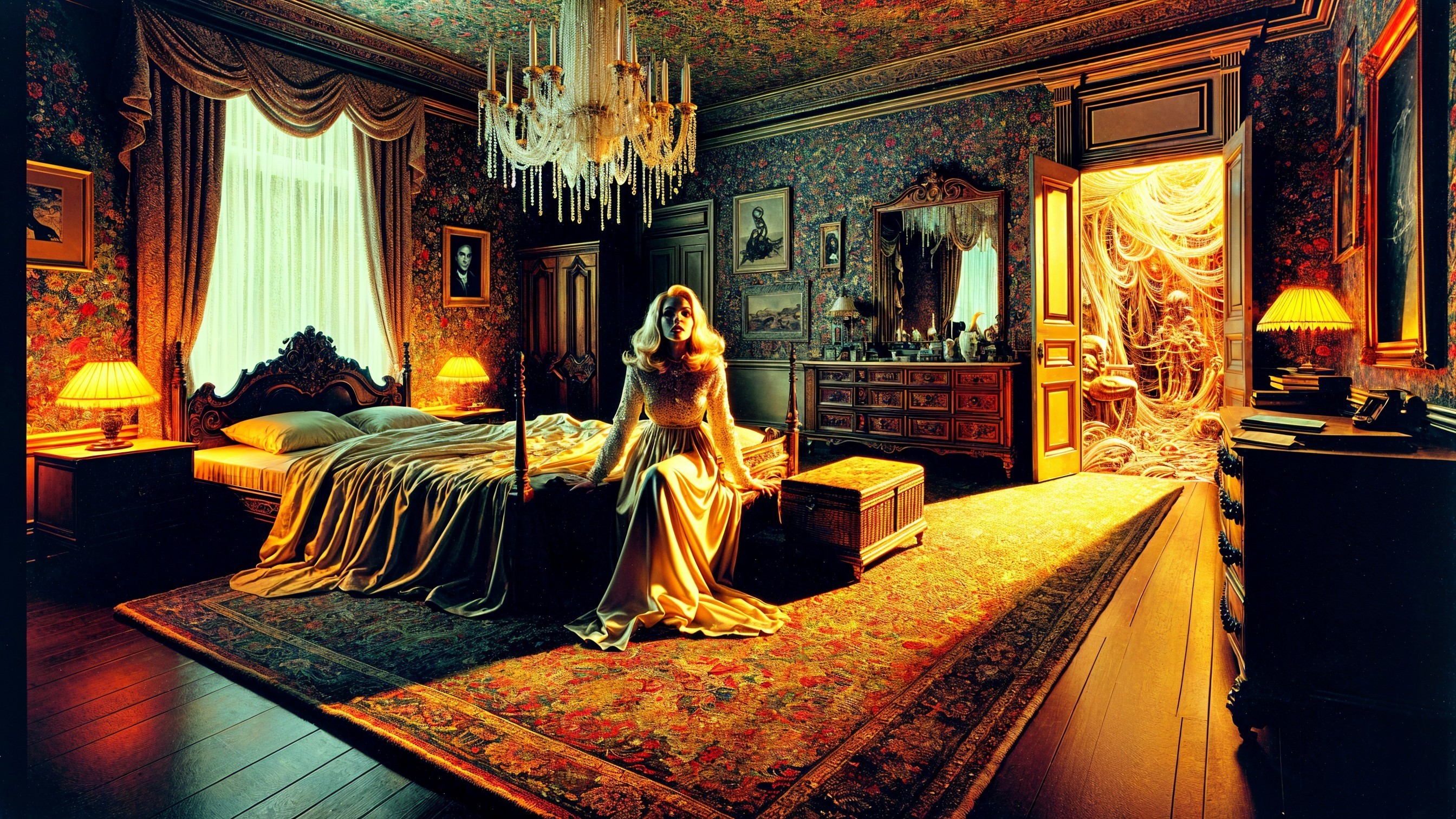 Vintage Bedroom with Floral Wallpaper and Chandelier