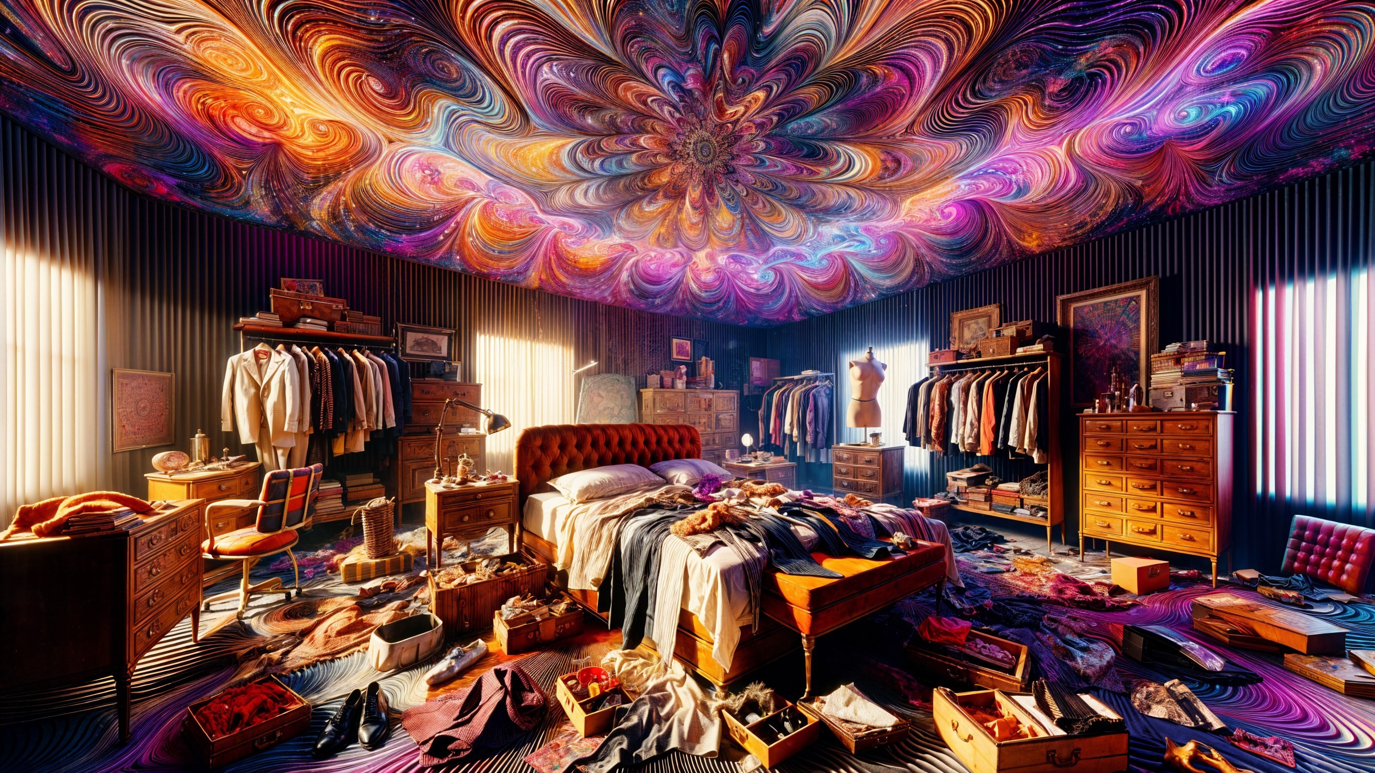 Psychedelic Room with Colorful Ceiling and Vintage Furniture