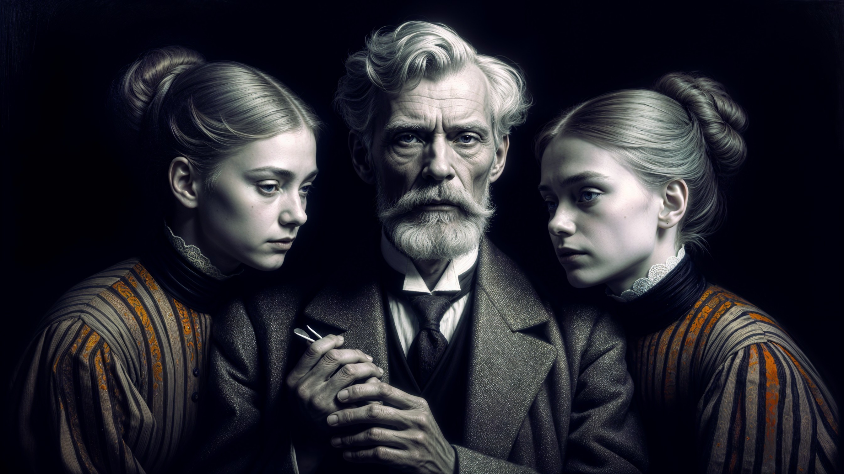 Dramatic Portrait of Older Man and Two Young Women