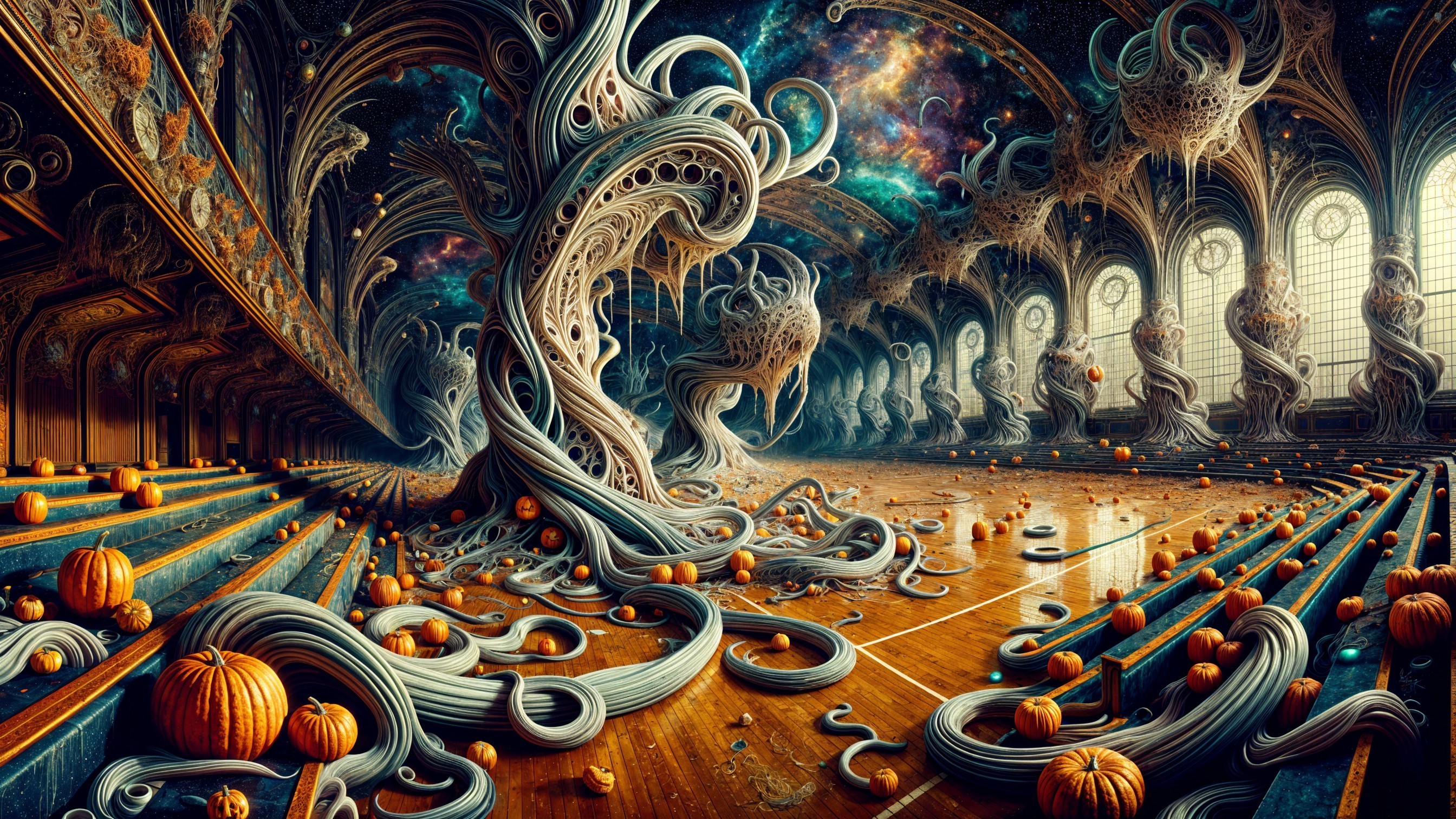 Otherworldly hall with organic forms and pumpkins