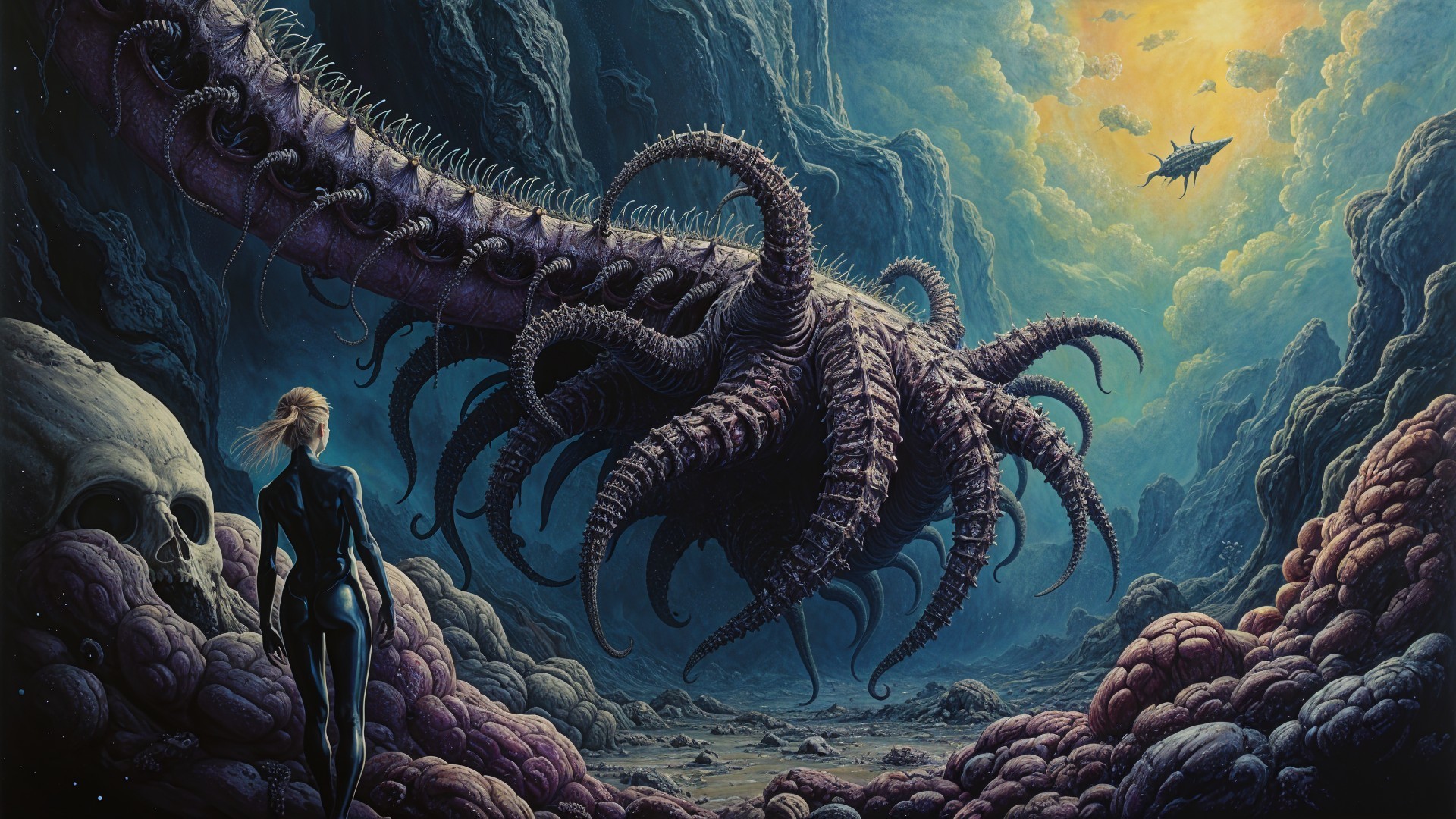 Surreal Alien Landscape with Colossal Tentacled Creature