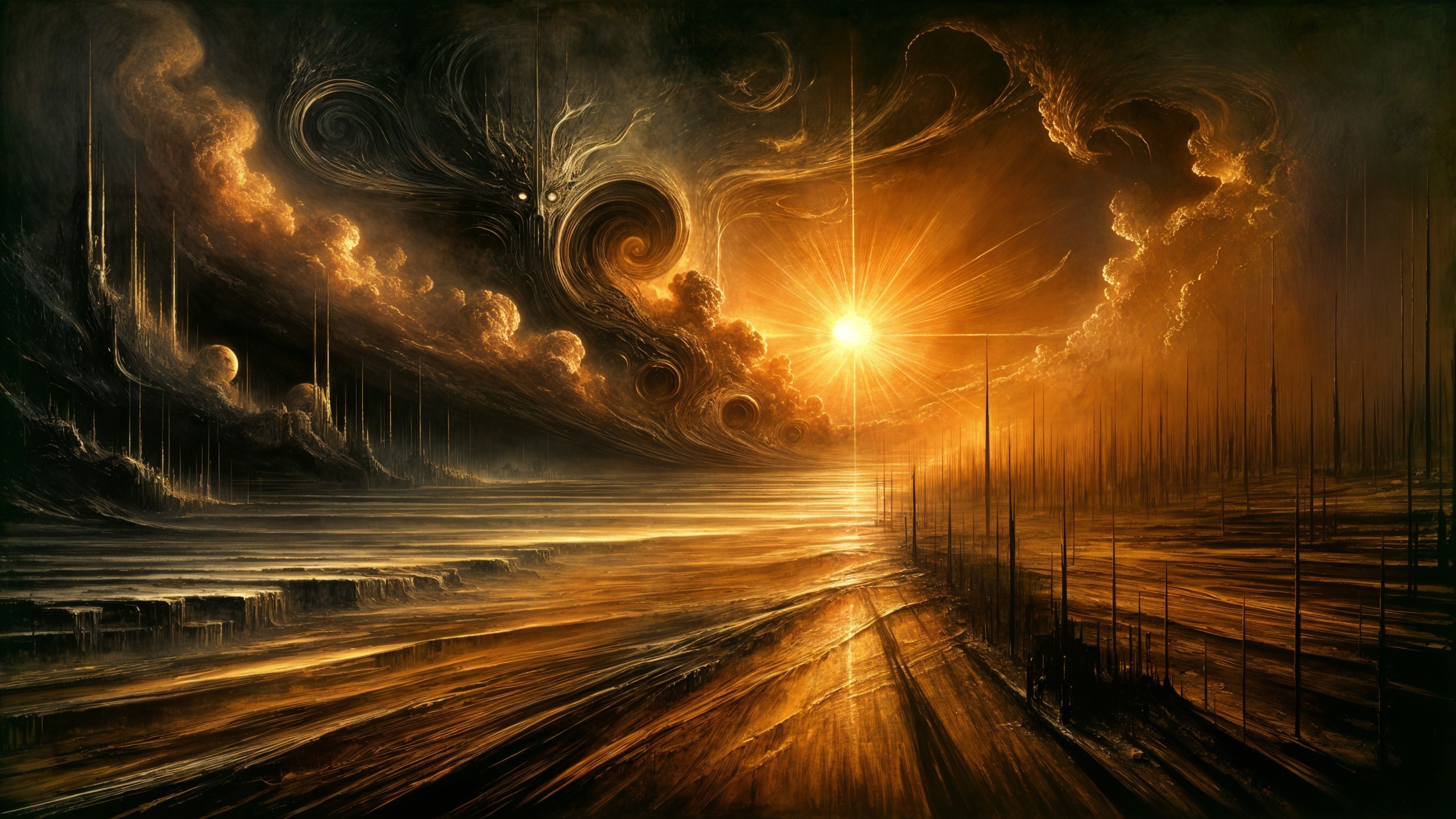 Surreal Landscape with Warm Hues and Dramatic Clouds