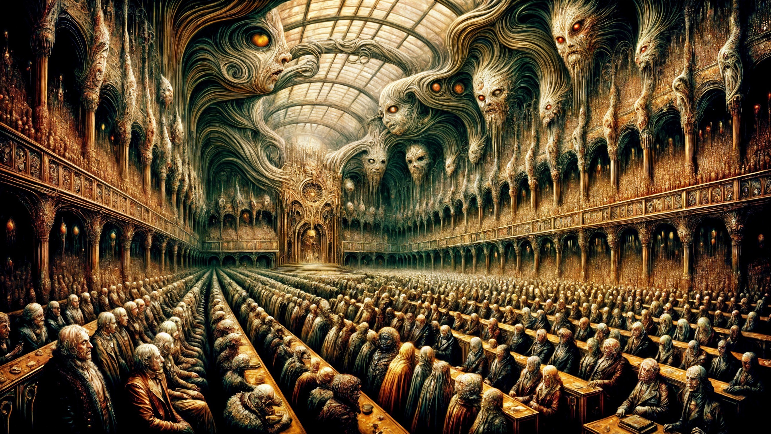 Eerie Hall with Intricate Architecture and Ghostly Faces