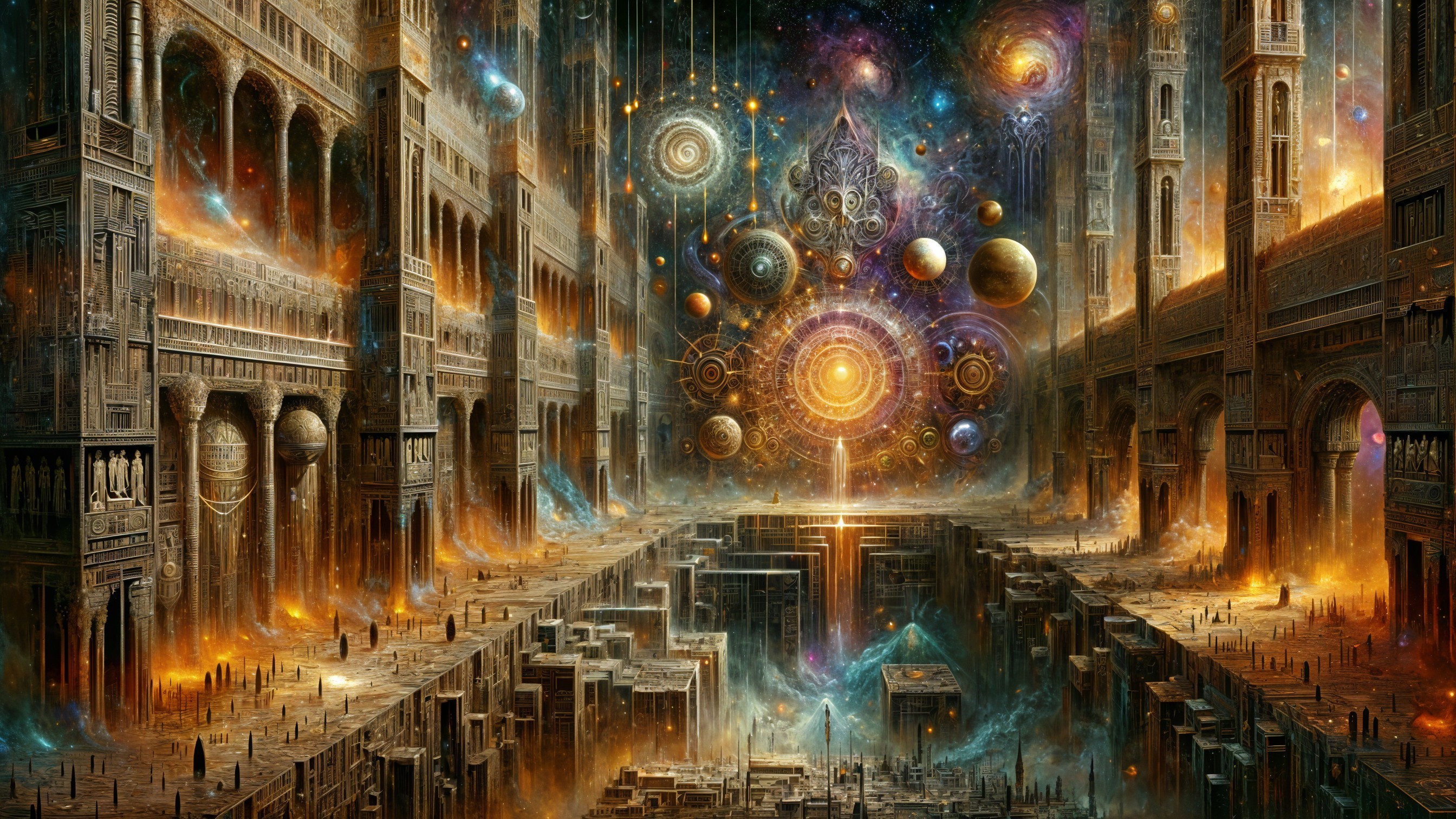Cosmic Landscape with Celestial Patterns and Galaxies