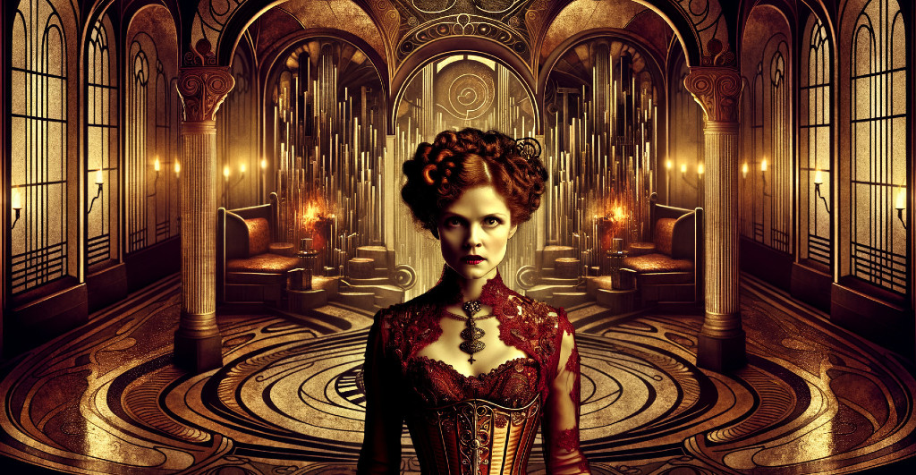 Woman in ornate corset in vintage gothic interior