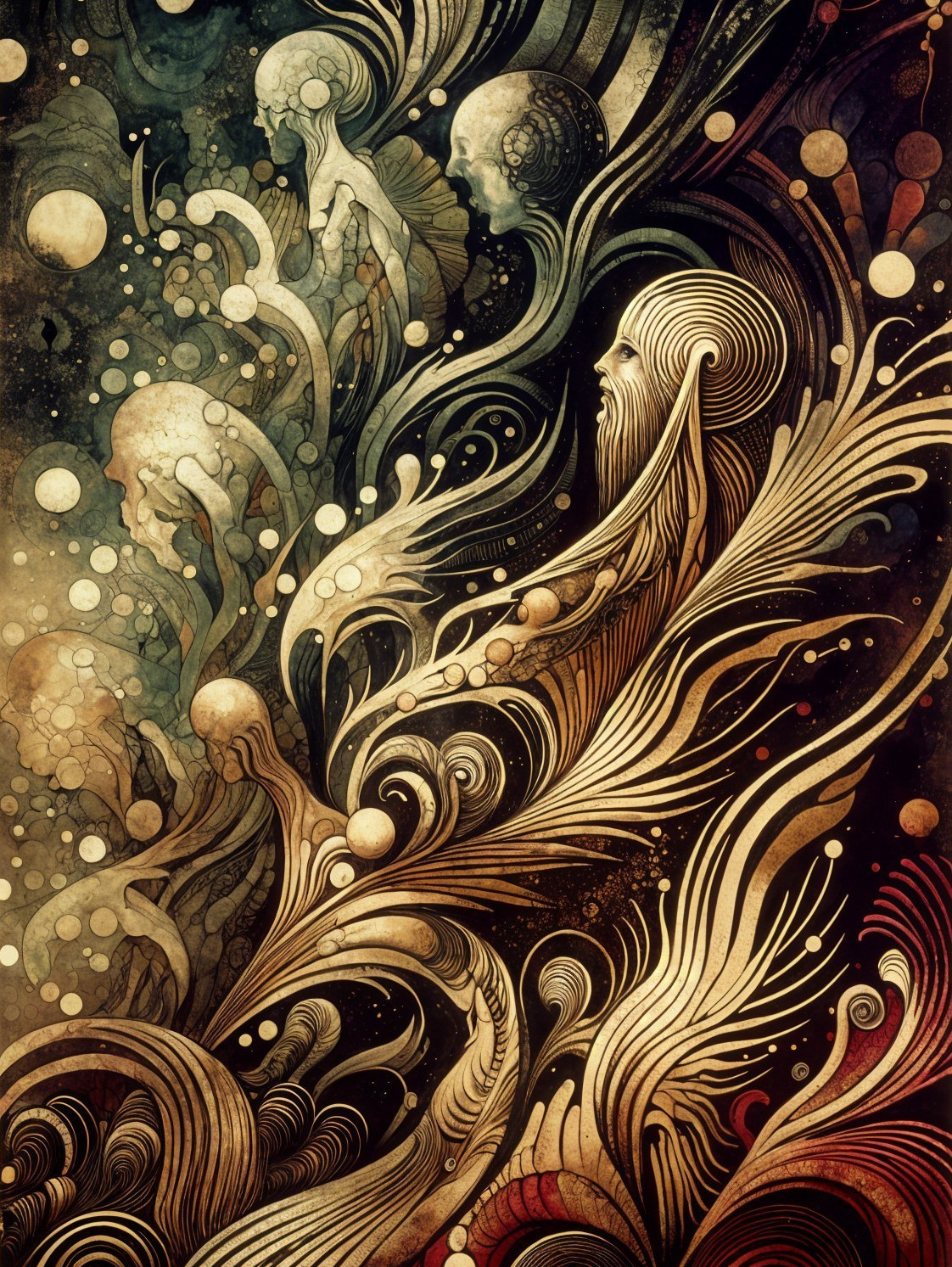 Abstract Artwork with Swirling Lines and Human Profiles