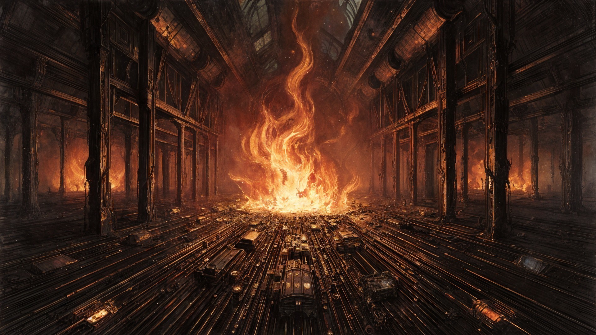 Dystopian Interior with Dark Metal and Central Fire