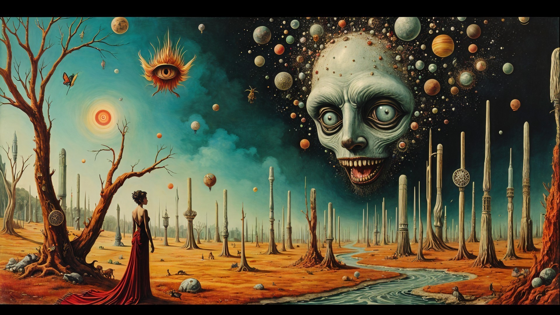 Surreal Landscape with Figure and Cosmic Elements