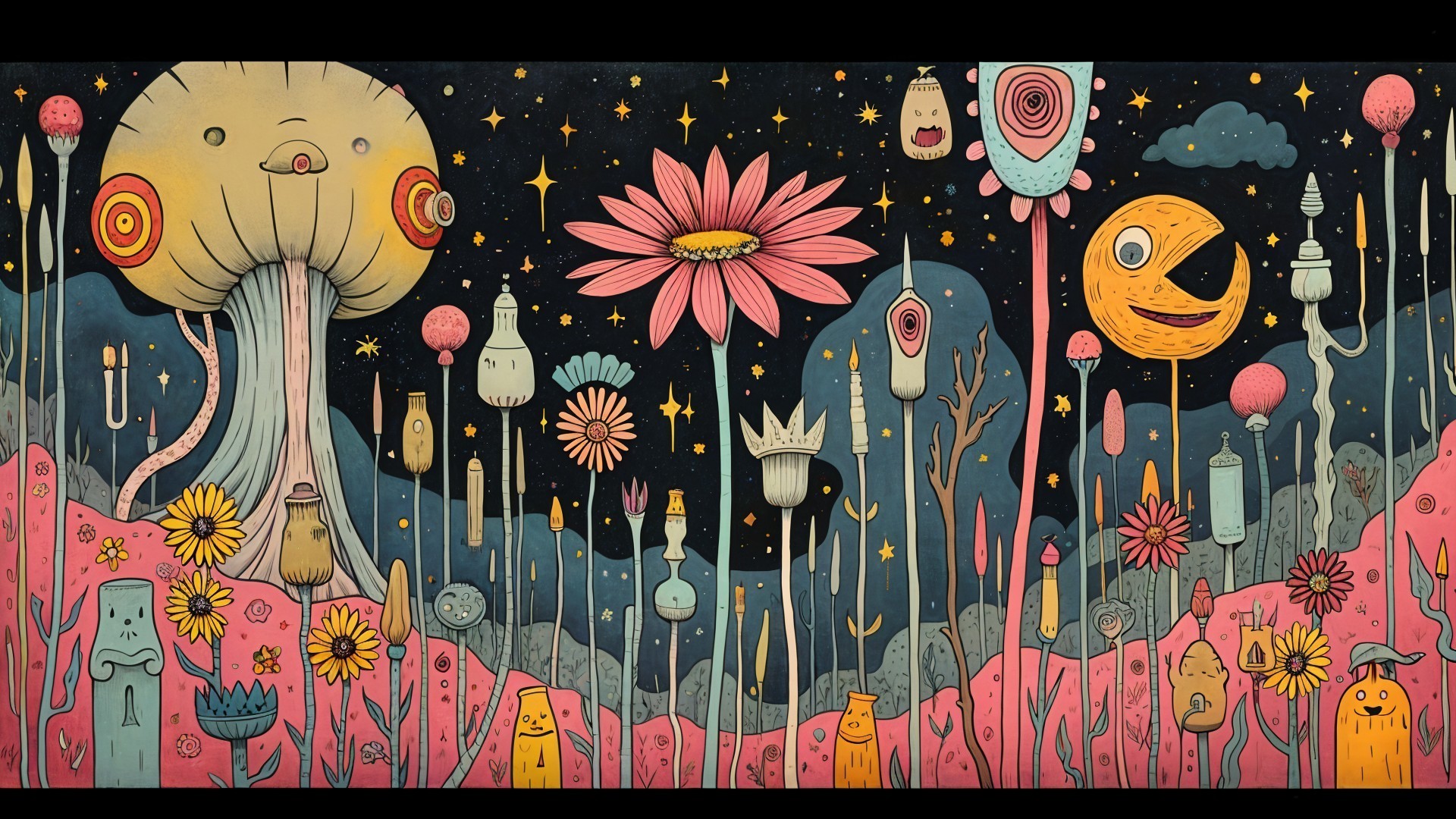 Whimsical Colorful Landscape with Playful Characters