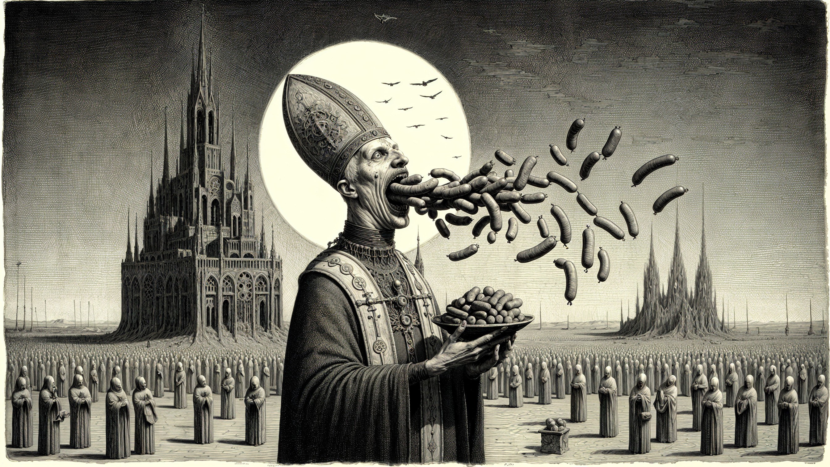 Surreal Scene of Pope Figure with Sausages and Cathedral