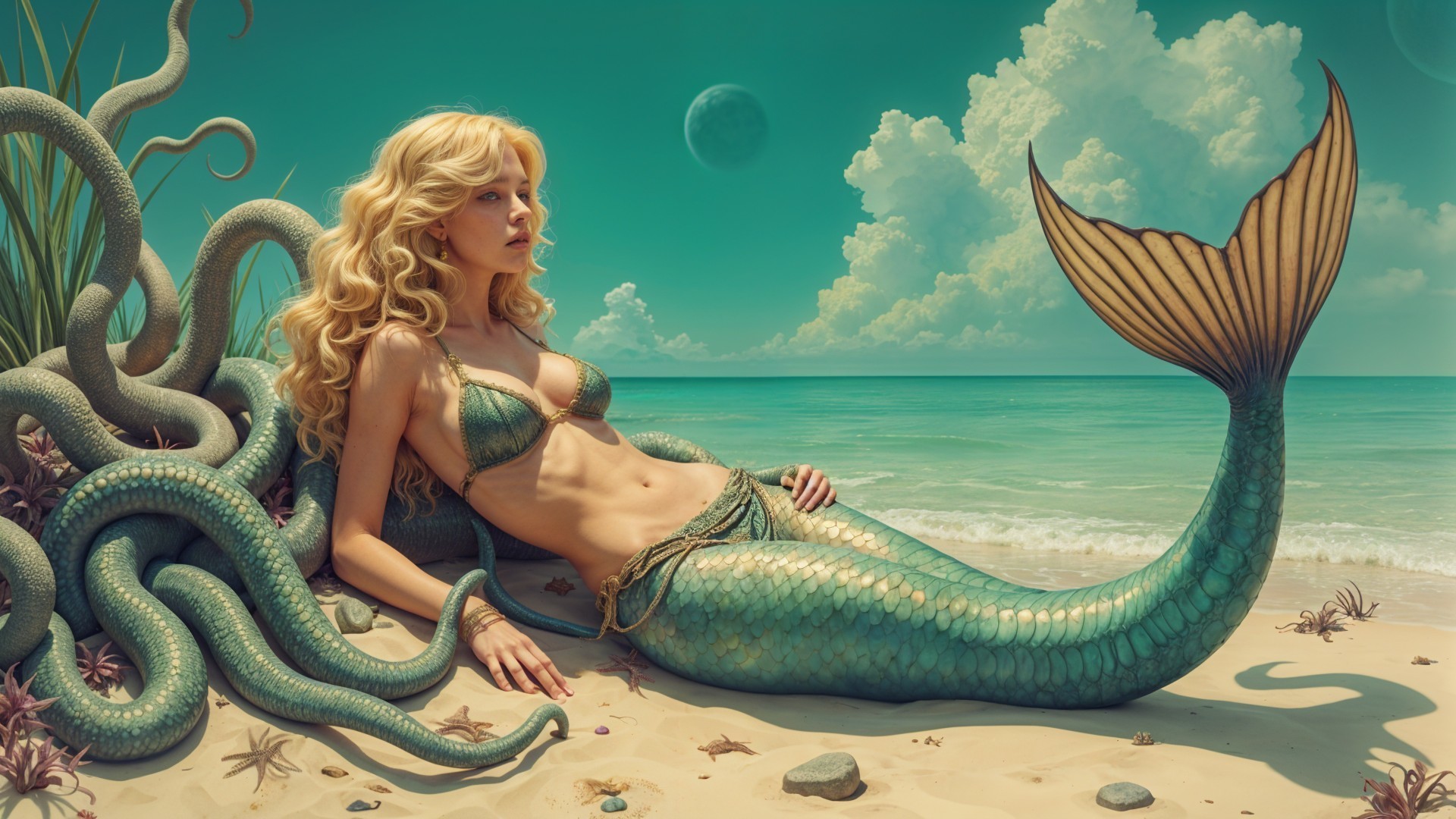 Mermaid on Beach with Green Tail and Ocean Background