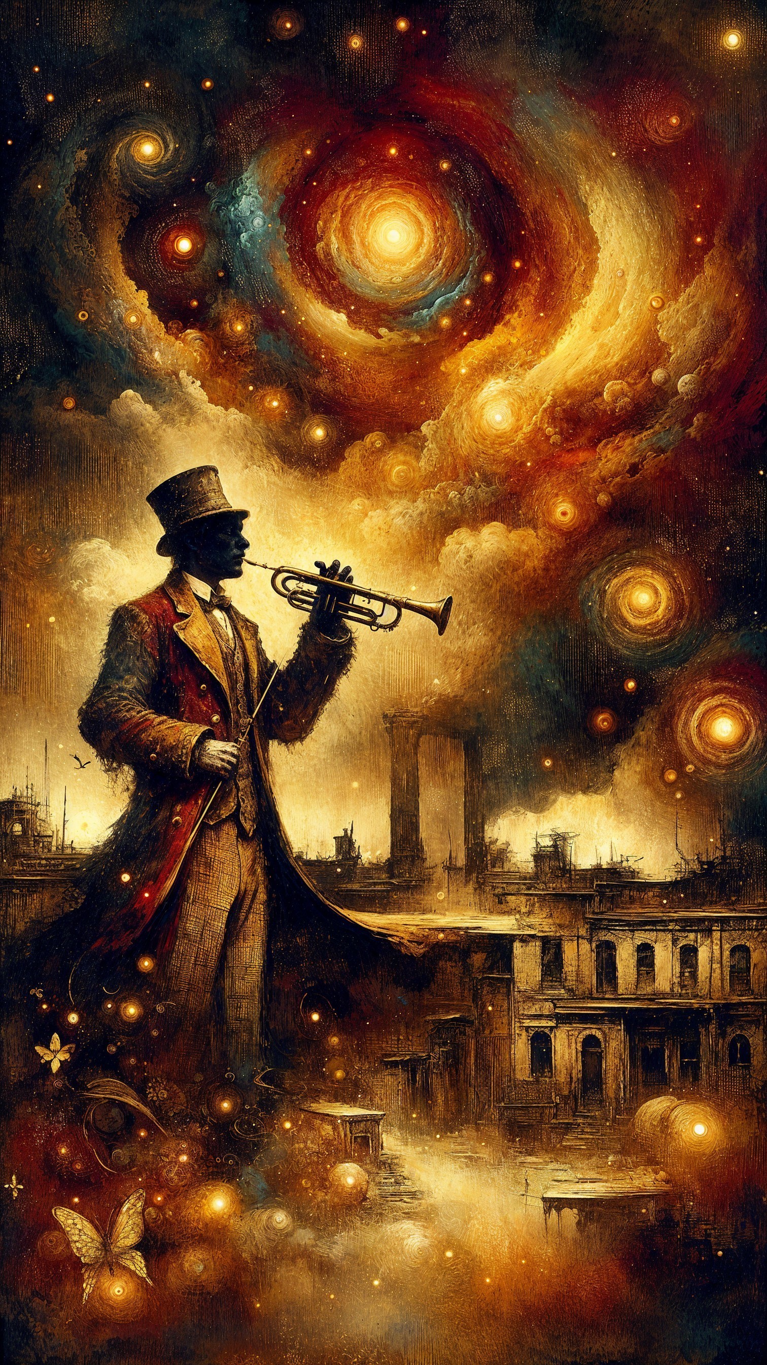 Man in top hat playing trumpet in cosmic setting