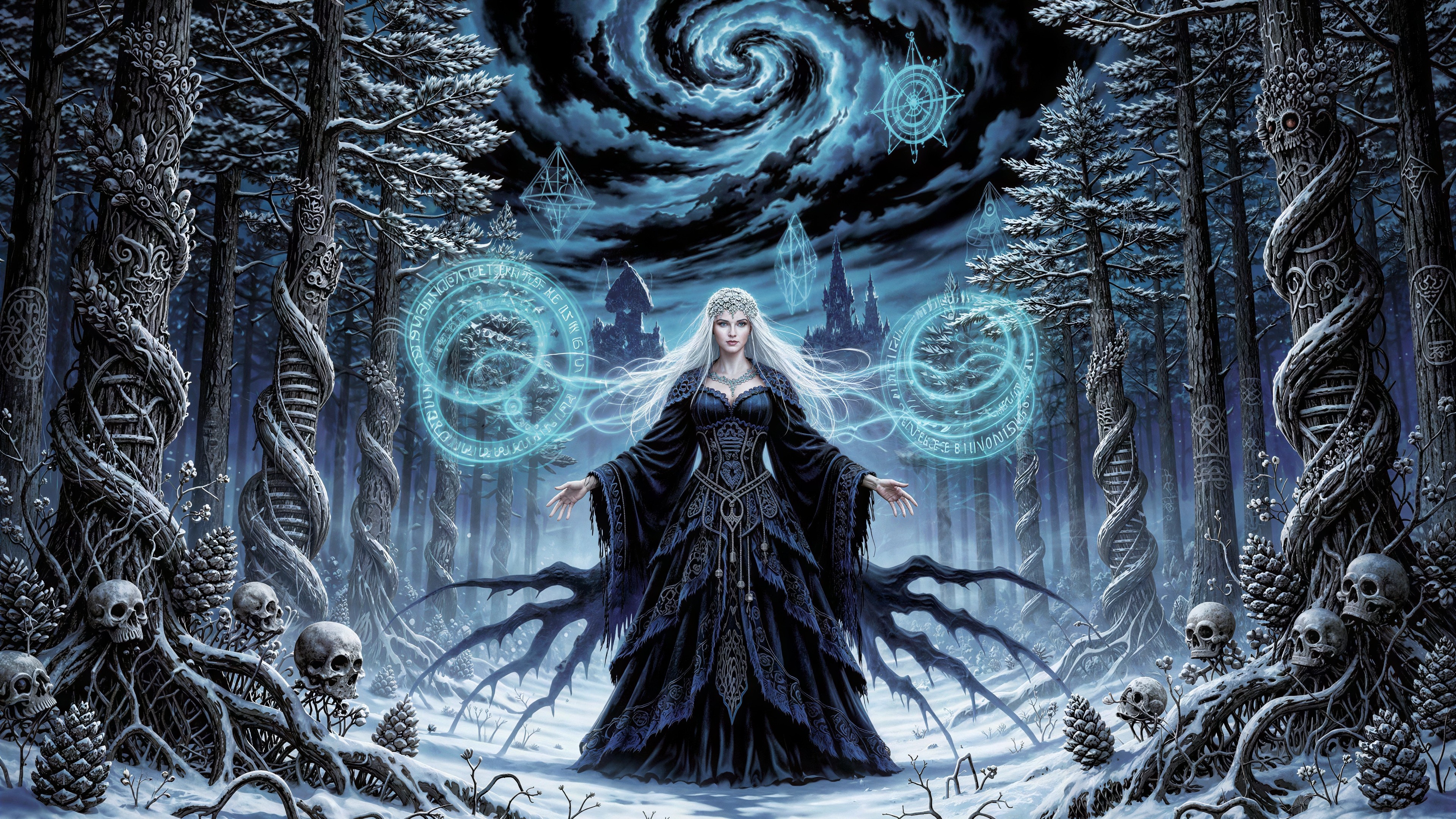 Dark Fantasy Artwork of a Sorceress in a Snowy Forest