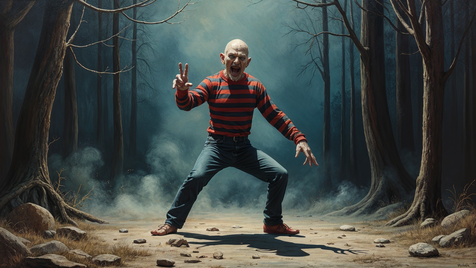 Menacing Figure in Foggy Forest with Striped Shirt