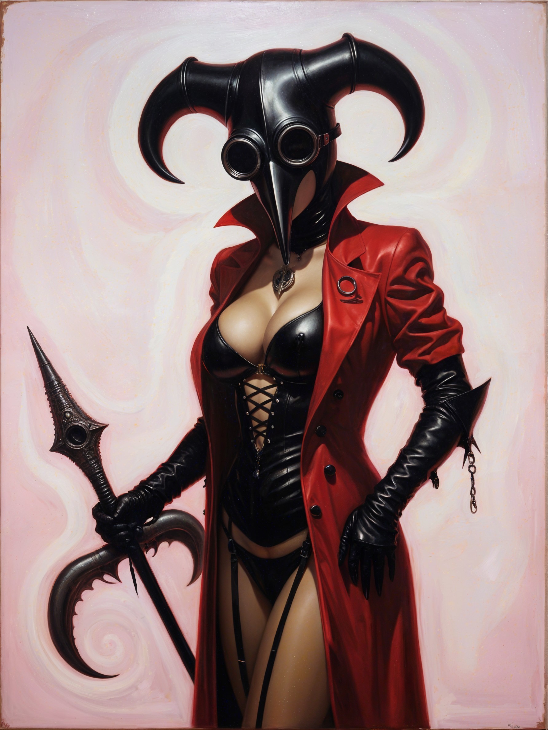 Female Figure in Red Trench Coat with Mask and Scythe