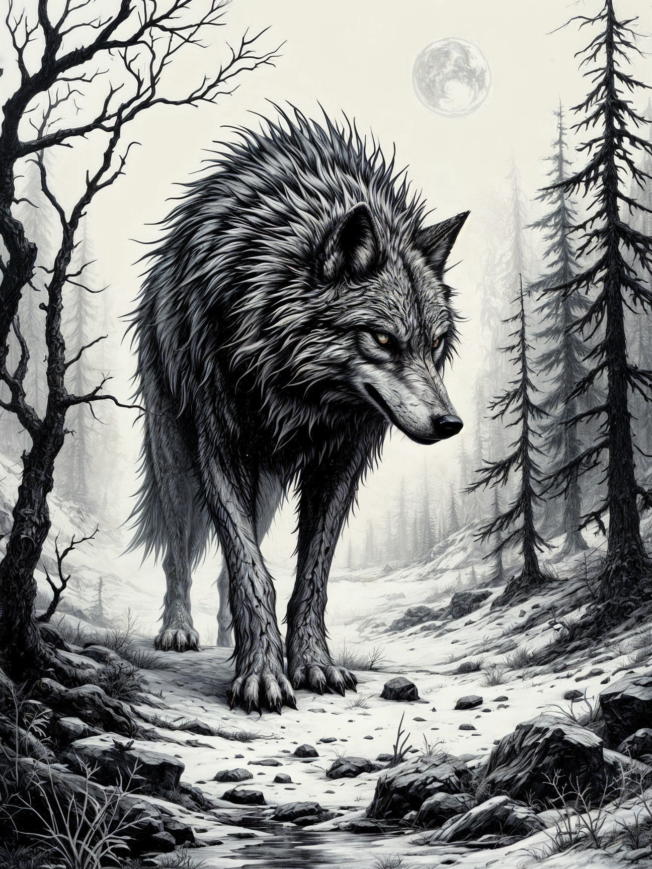 Majestic wolf in a wintry forest under moonlight