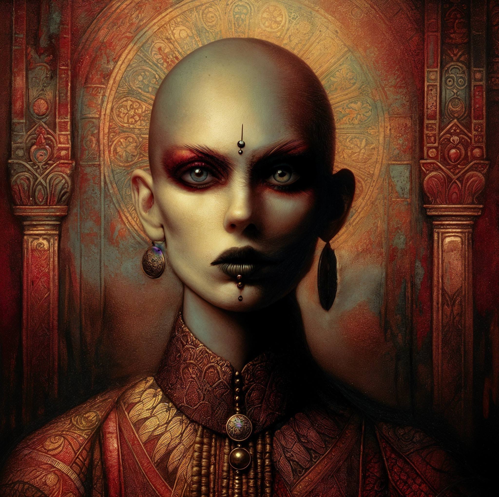 Bald Figure Portrait with Dramatic Makeup and Jewelry