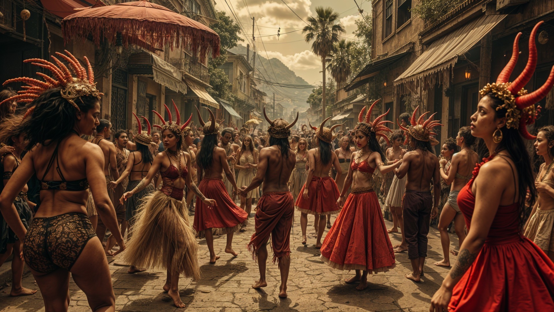 Vibrant Street Scene with Dancers in Elaborate Costumes