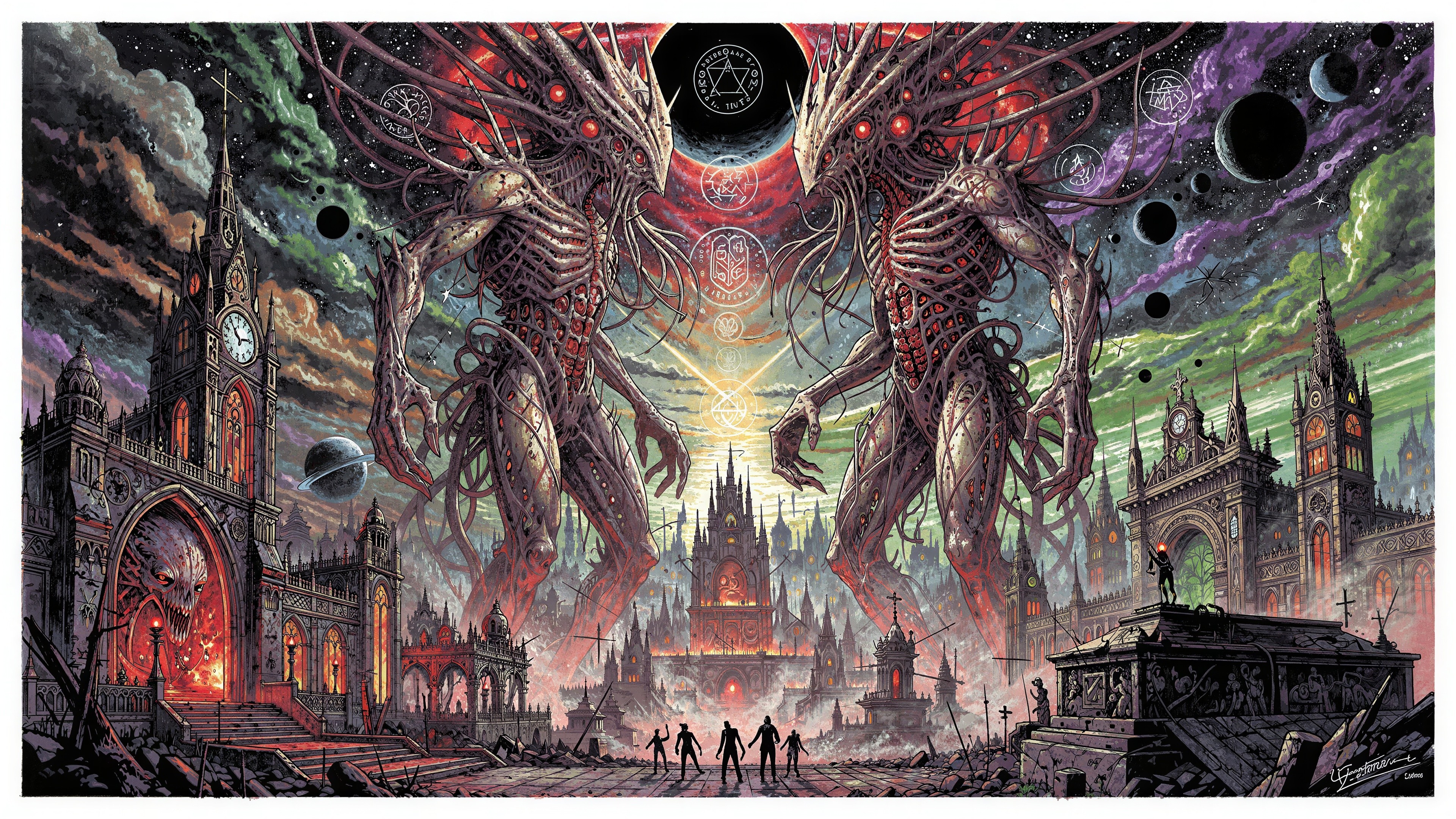 Giant skeletal figures in a gothic apocalyptic city