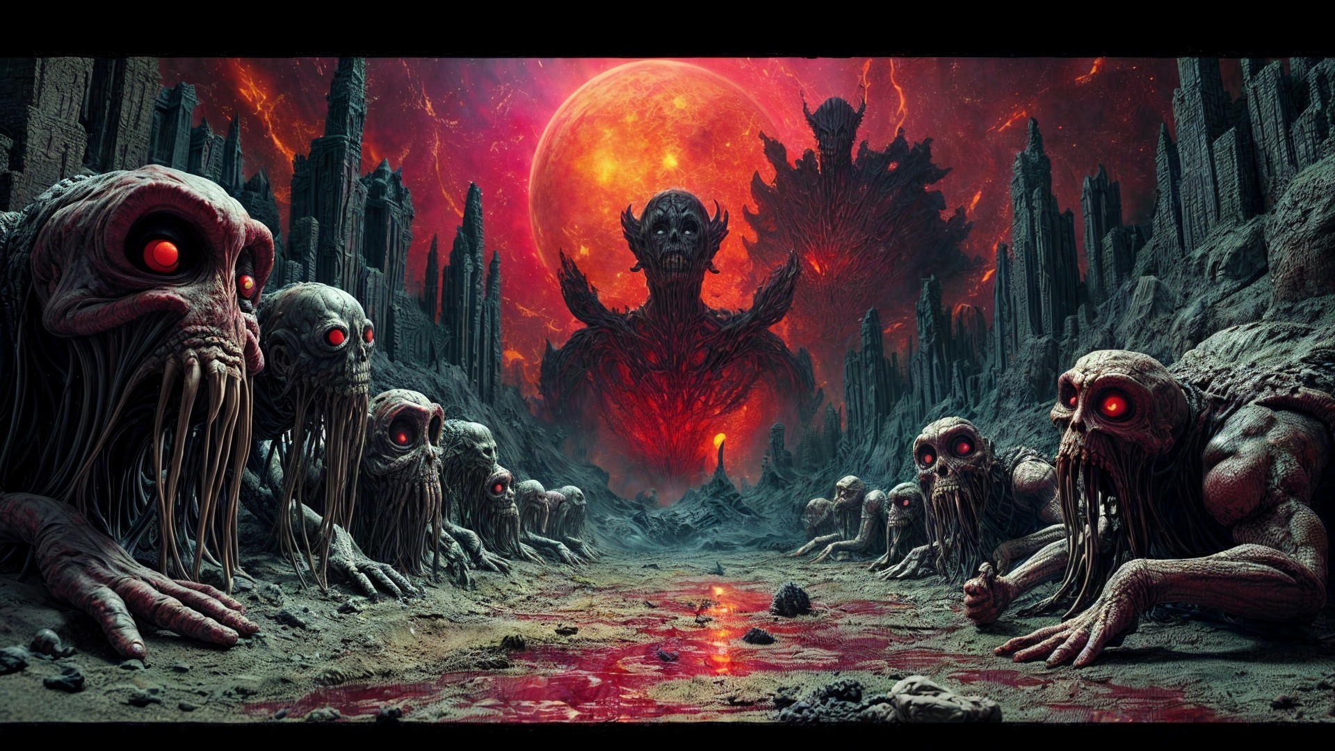 Surreal Dark Landscape with Grotesque Creatures