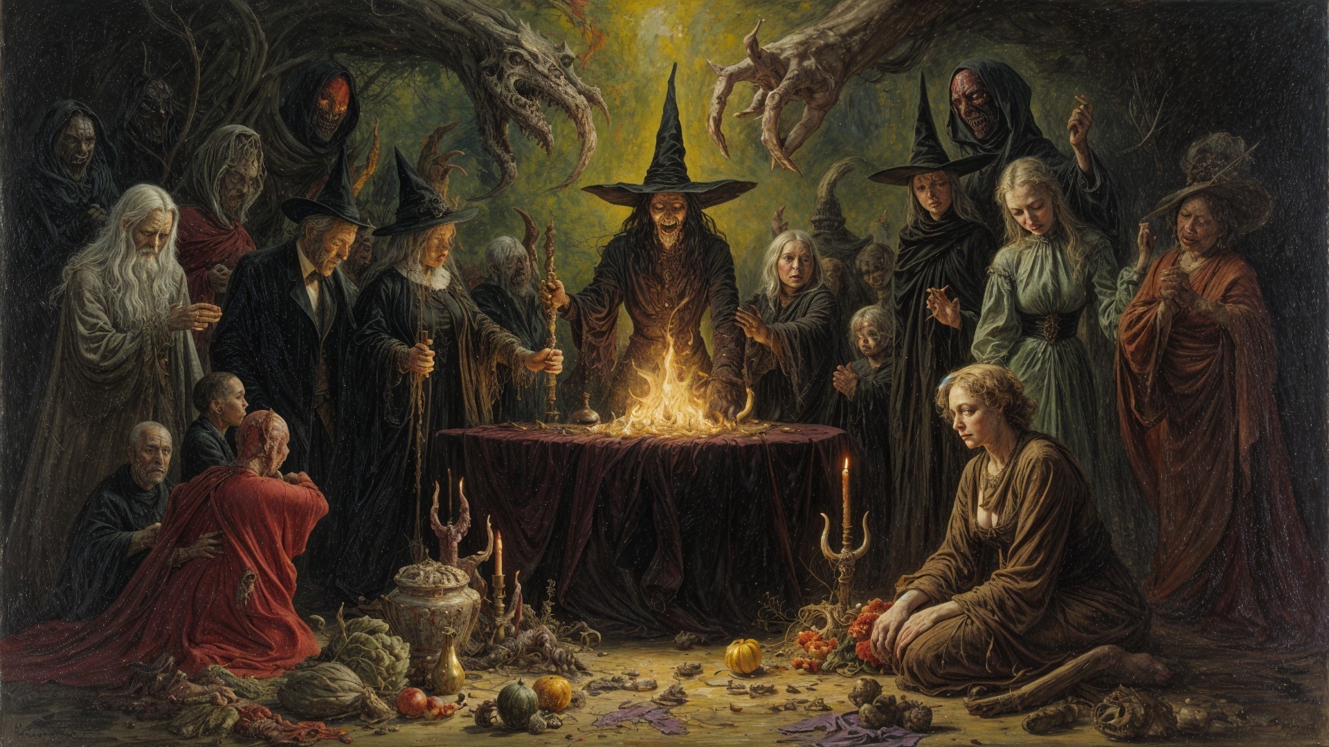 Gathering of Witches in Dim Light with Ritual Fire