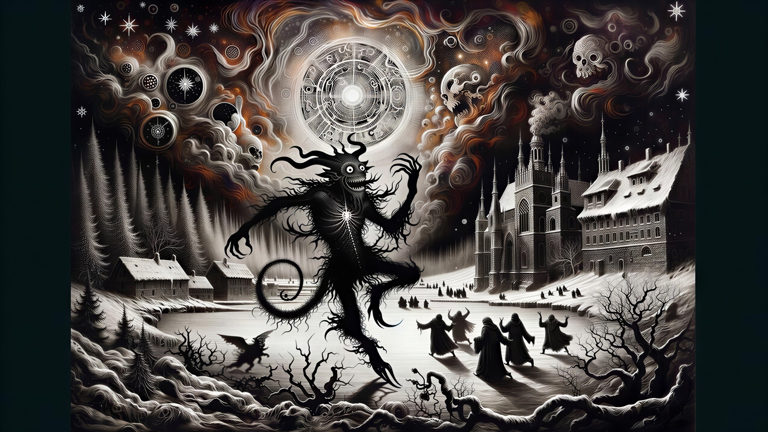 Gothic Charcoal Drawing of a Snowy Village at Night