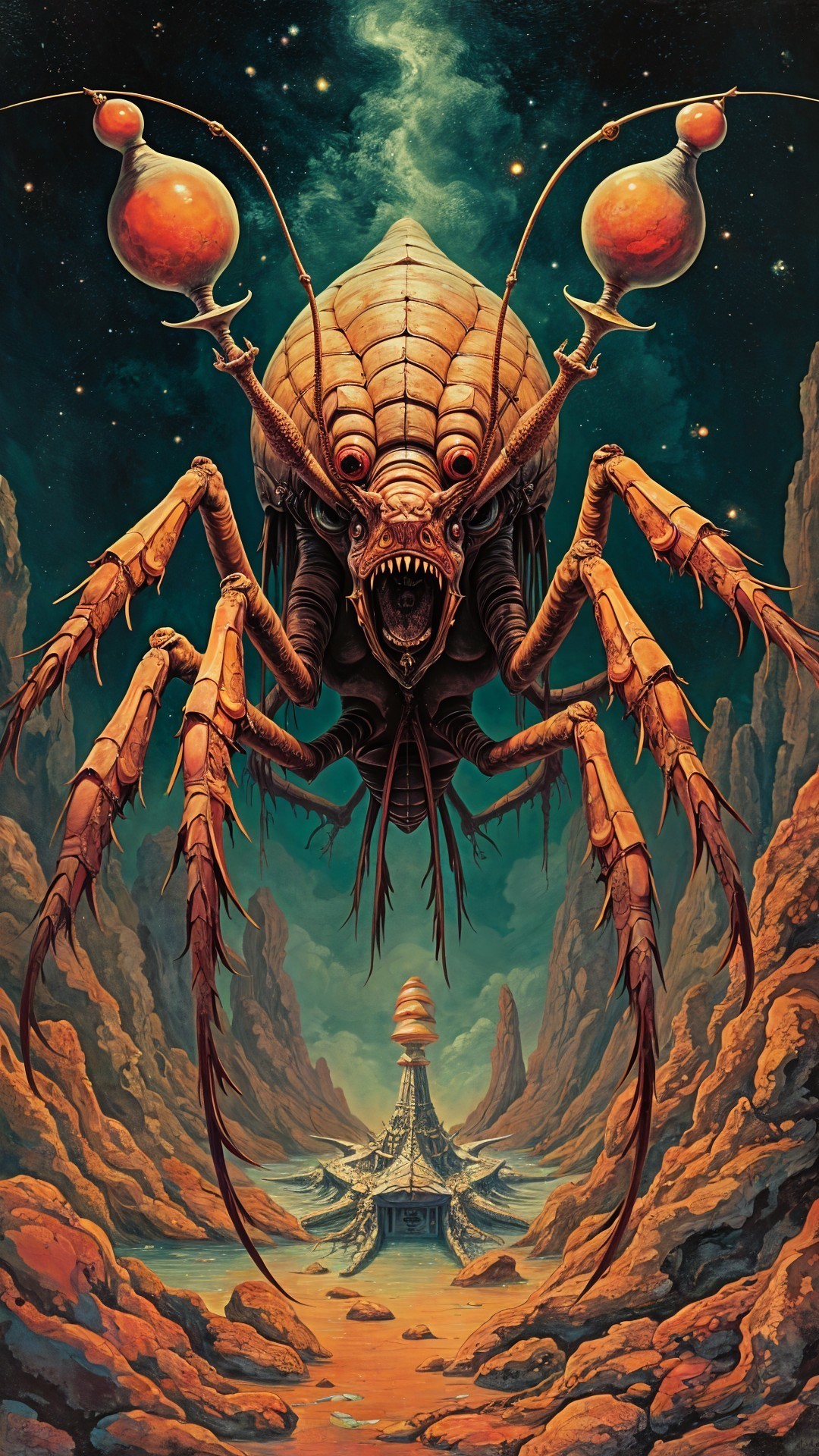 Colossal Insectoid Creature in Surreal Desert Landscape