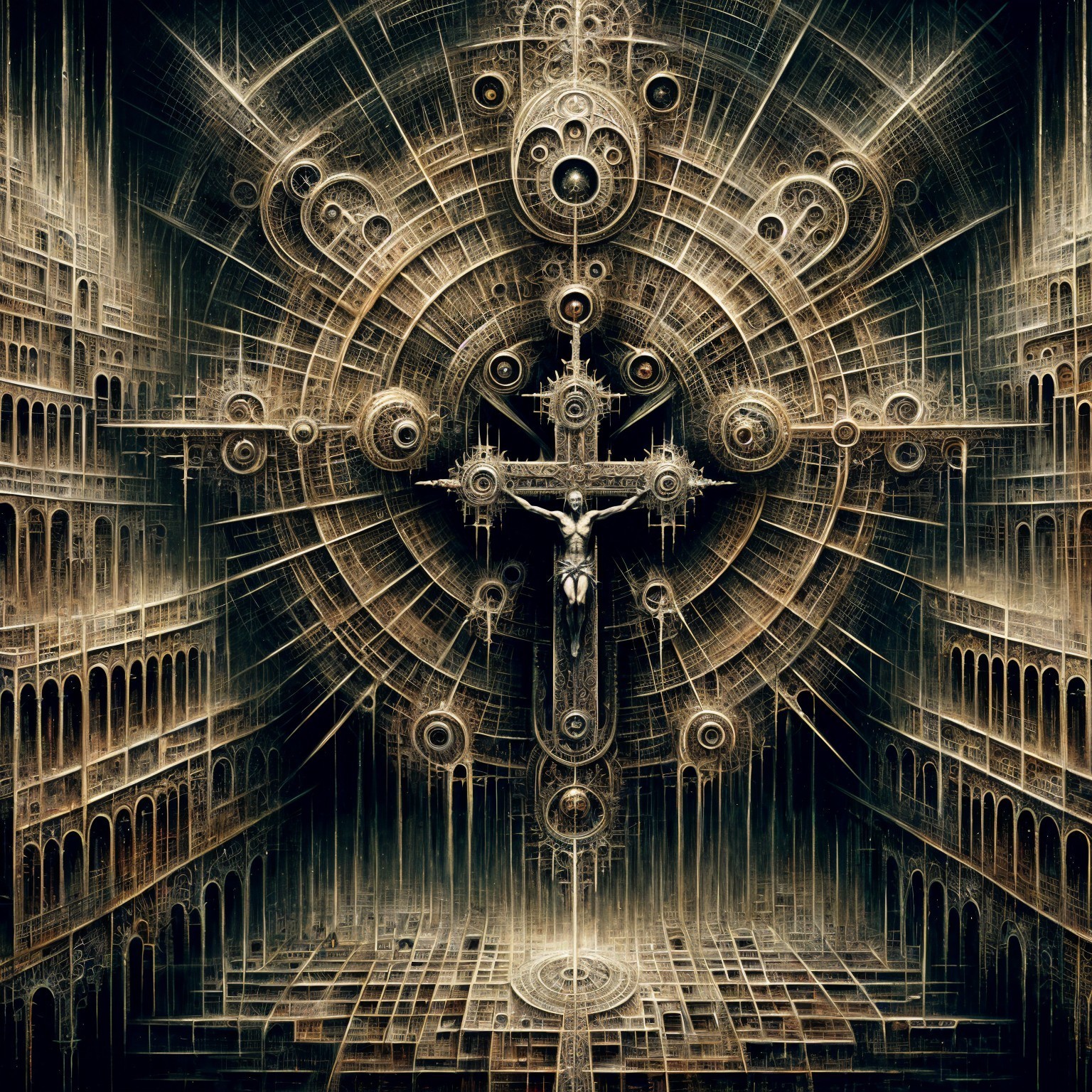 Surreal Scene with Mechanical Patterns and Structures