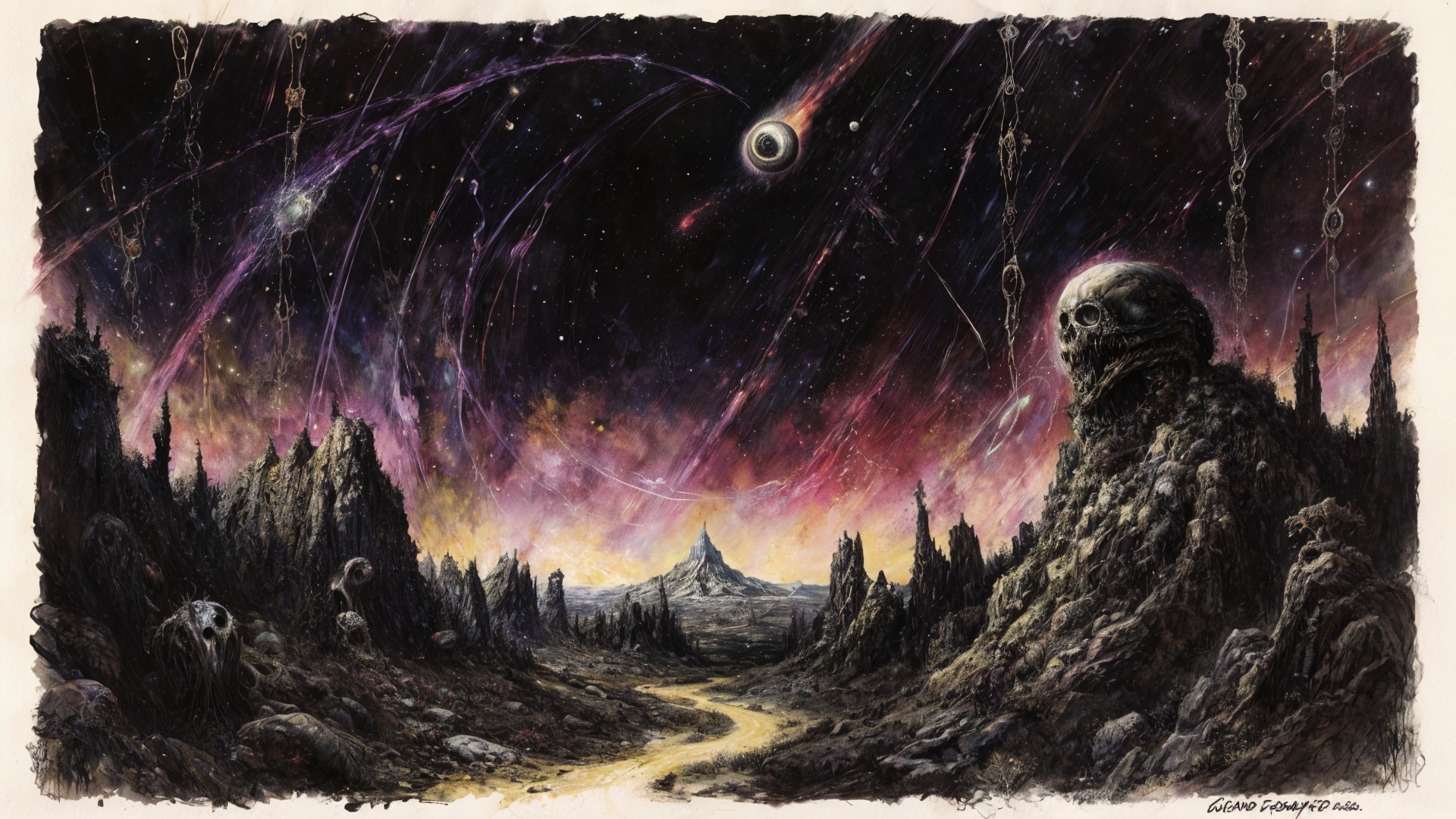 Desolate Landscape with Cosmic Sky and Ruins