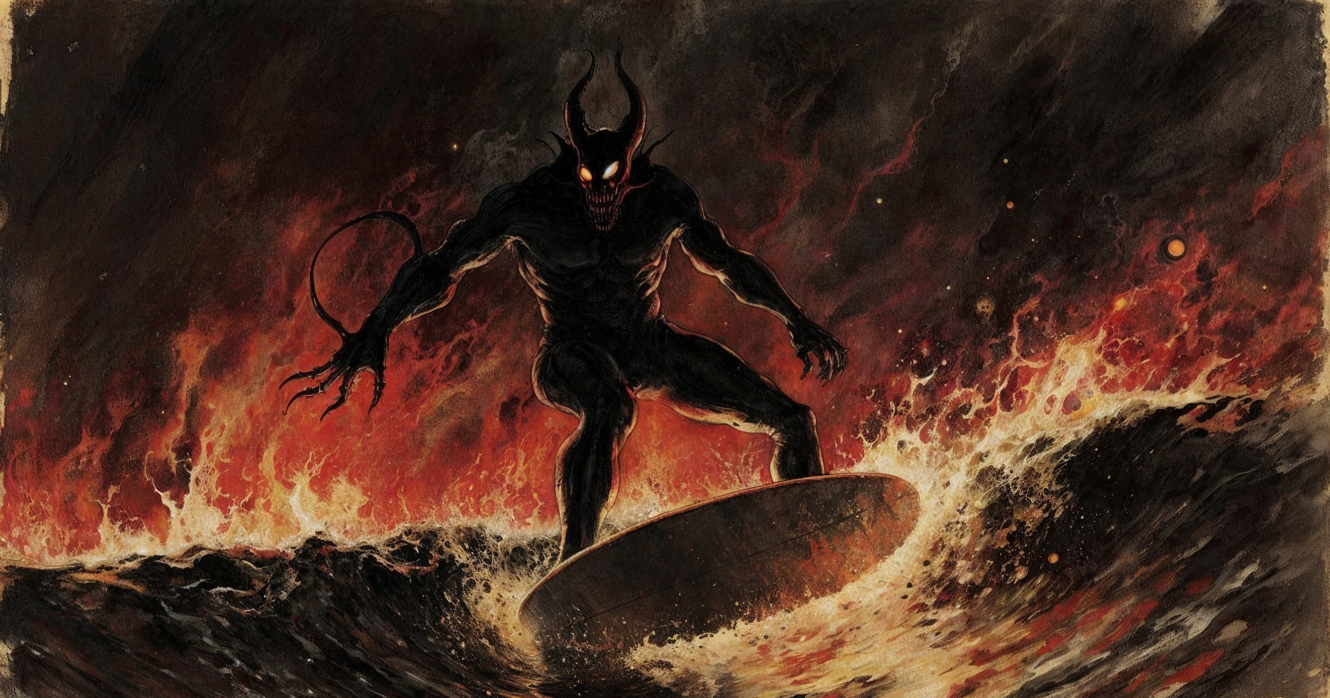 Menacing Figure Surfing on Fiery Waves of Chaos