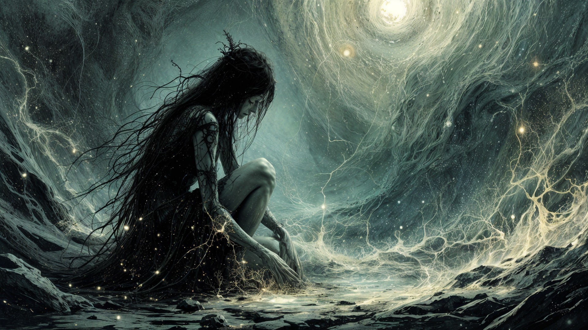 Solitary Figure in Cosmic Backdrop with Stars