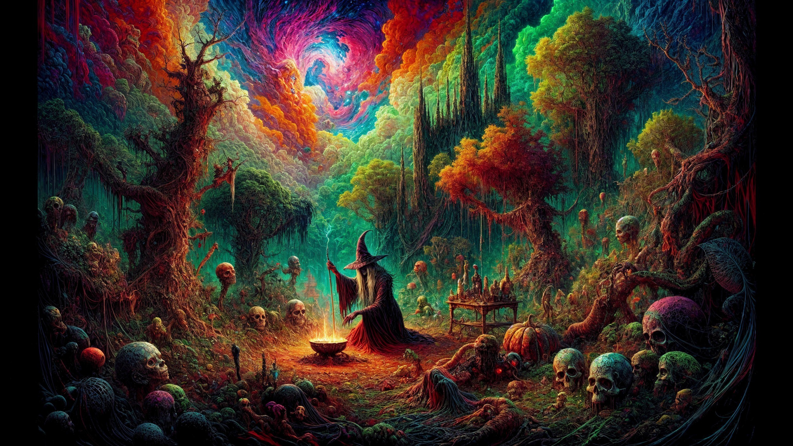 Surreal Forest Scene with Witch and Bubbling Cauldron