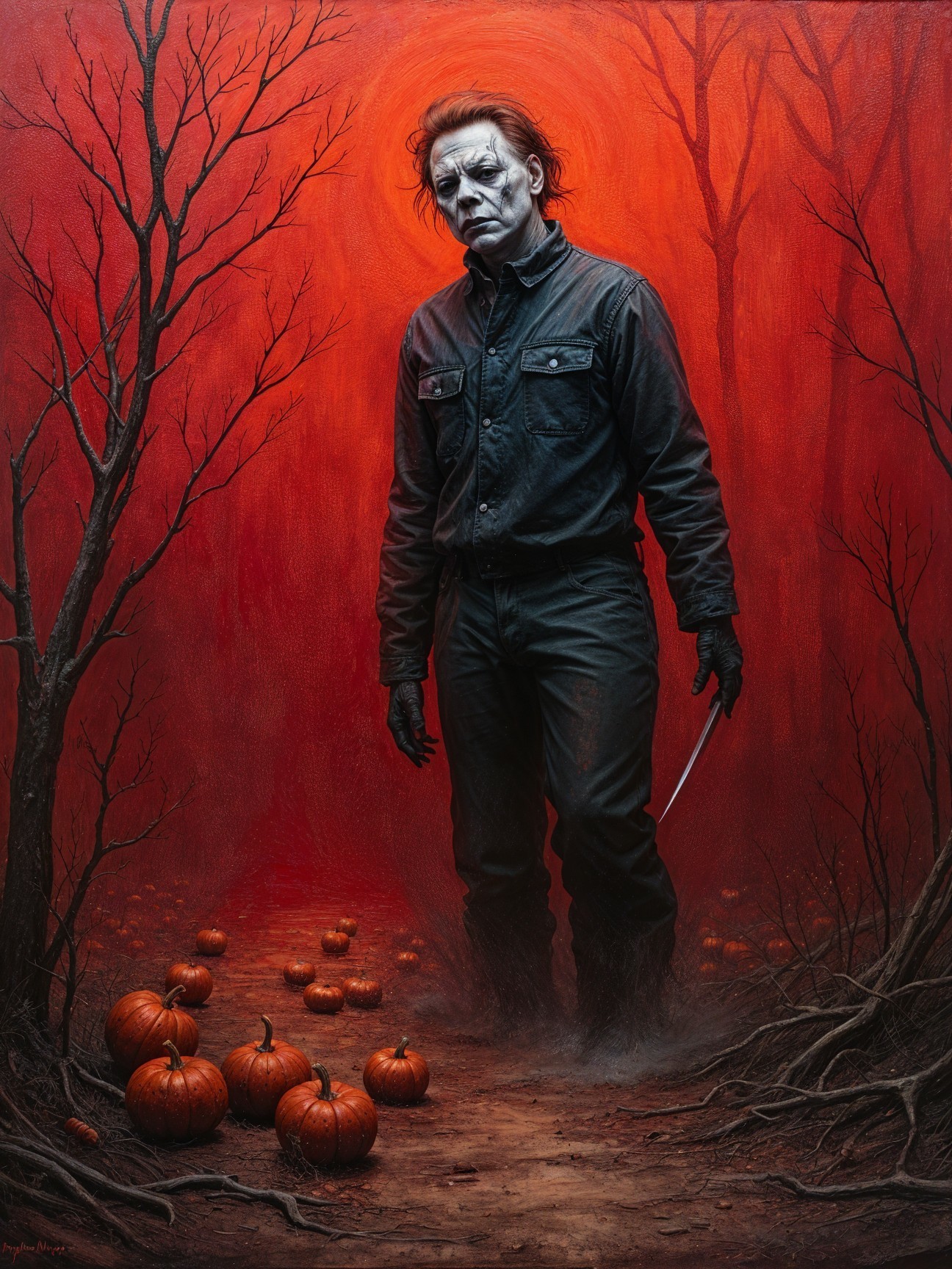 Eerie Halloween Scene with Masked Figure and Pumpkins