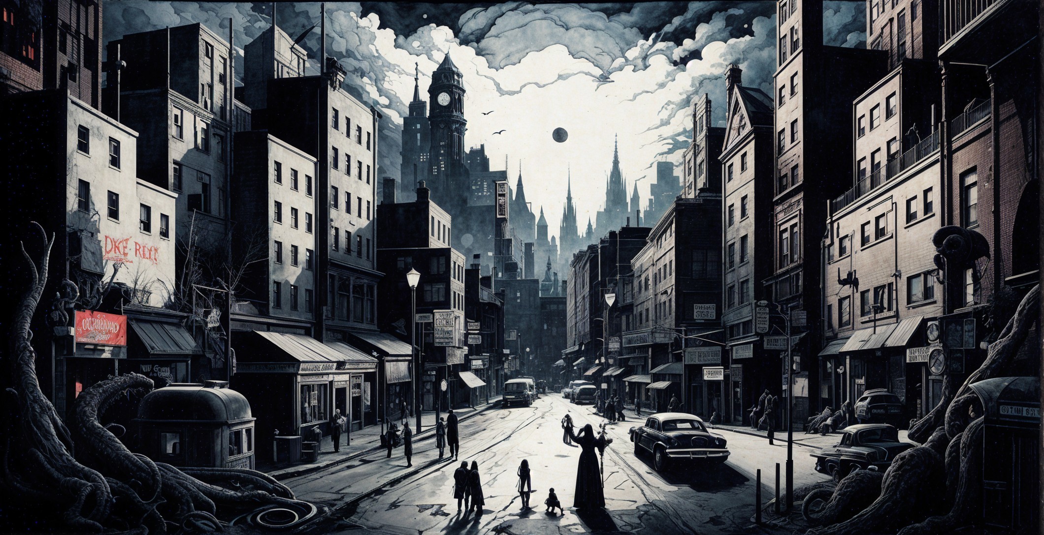 Dark Cityscape with Towering Buildings and Ominous Clouds