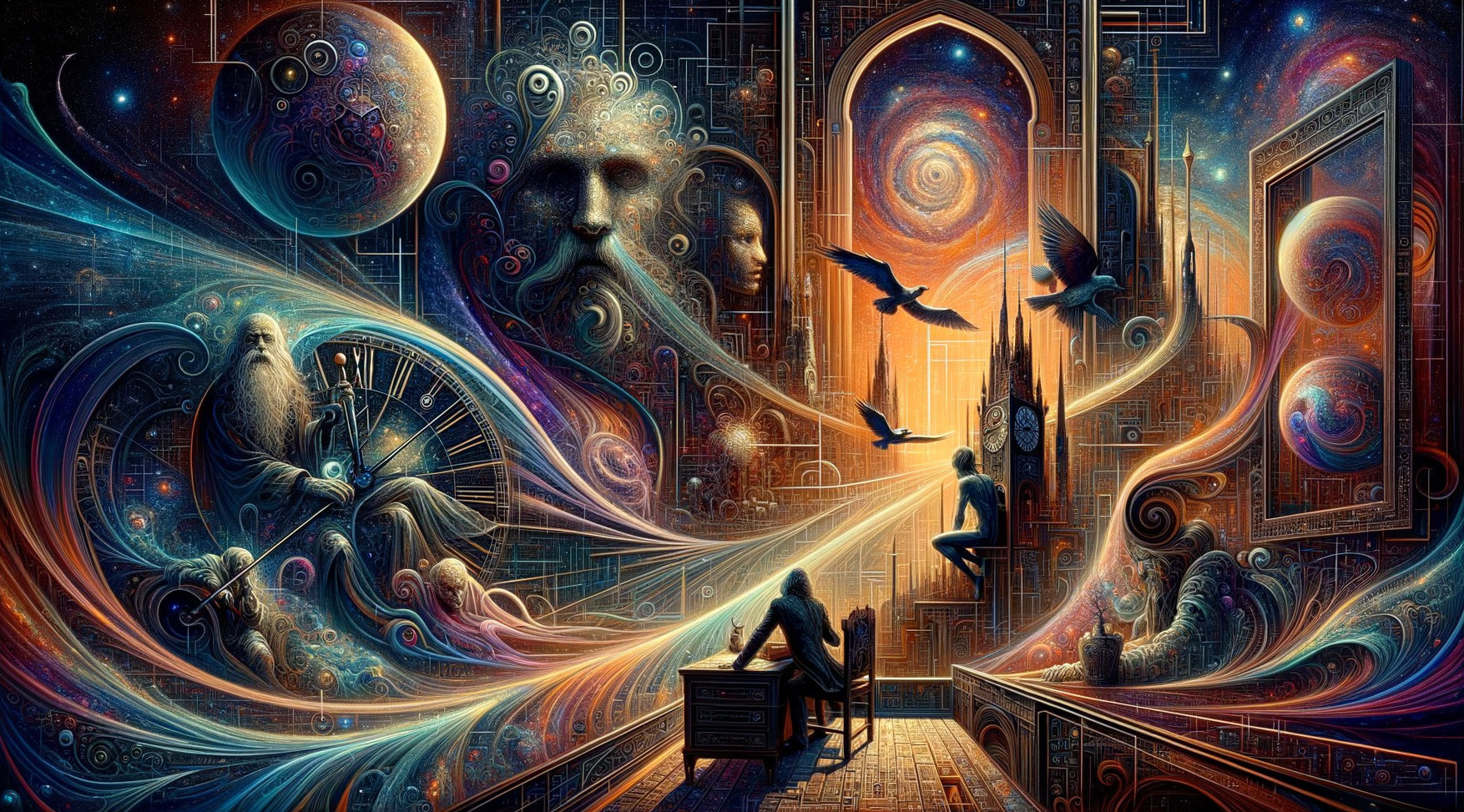 Surreal Cosmic Landscape with Ethereal Faces and Galaxies