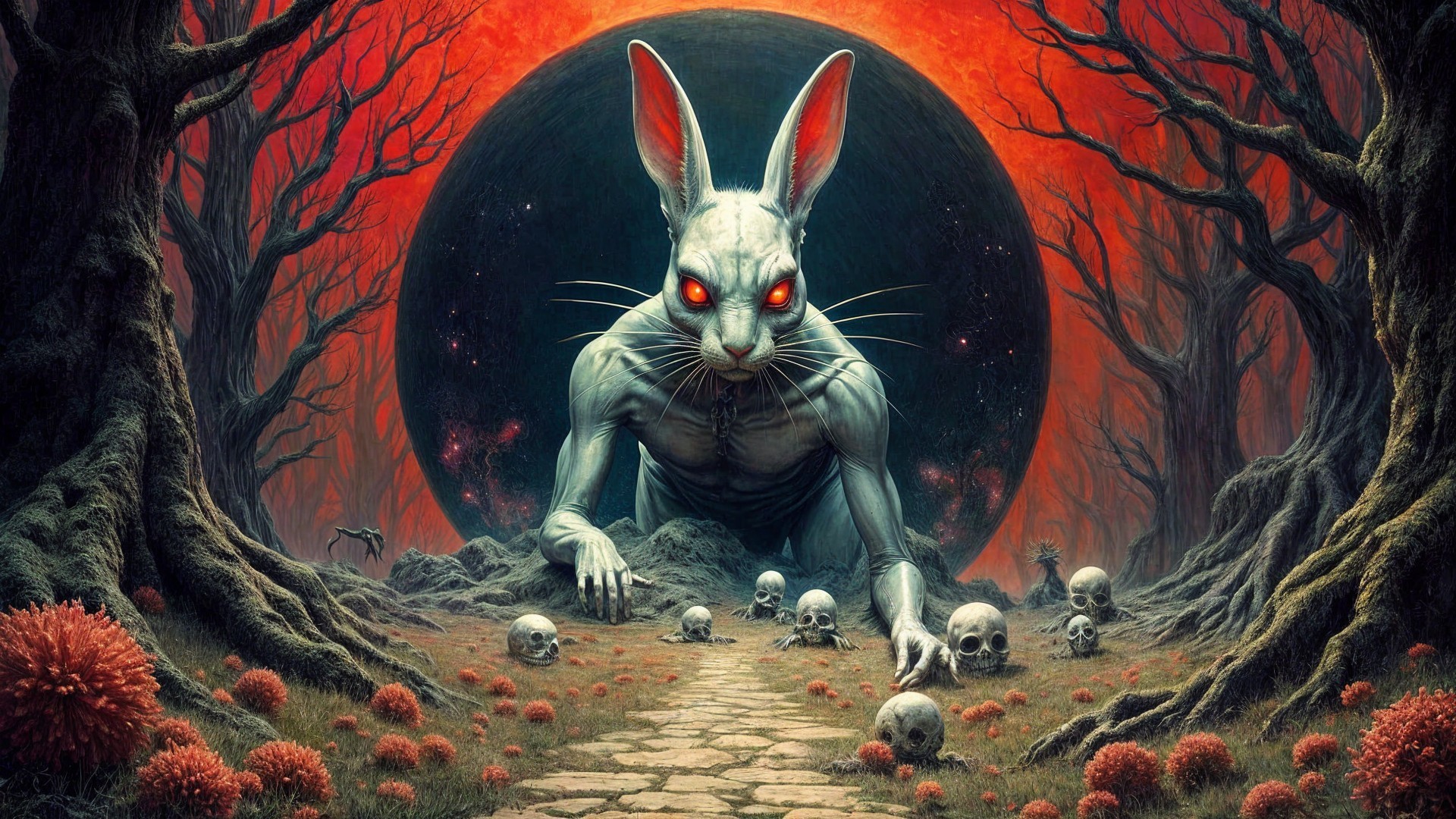 Surreal Landscape with Skeletal Rabbit and Blood Moon