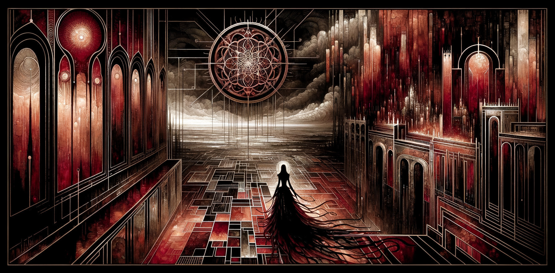 Mysterious Figure in Surreal Geometric Environment