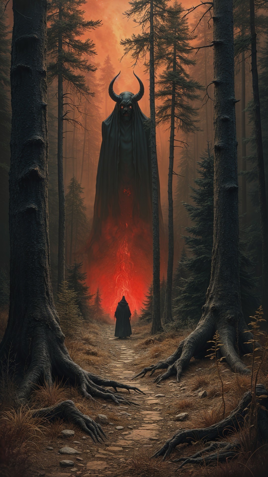 Hooded Figure Confronts Ominous Entity in Forest