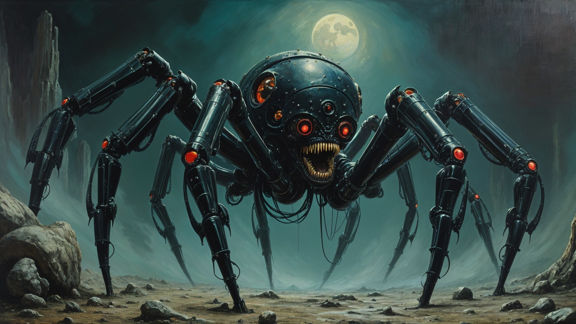 Futuristic Mechanical Spider in Eerie Landscape