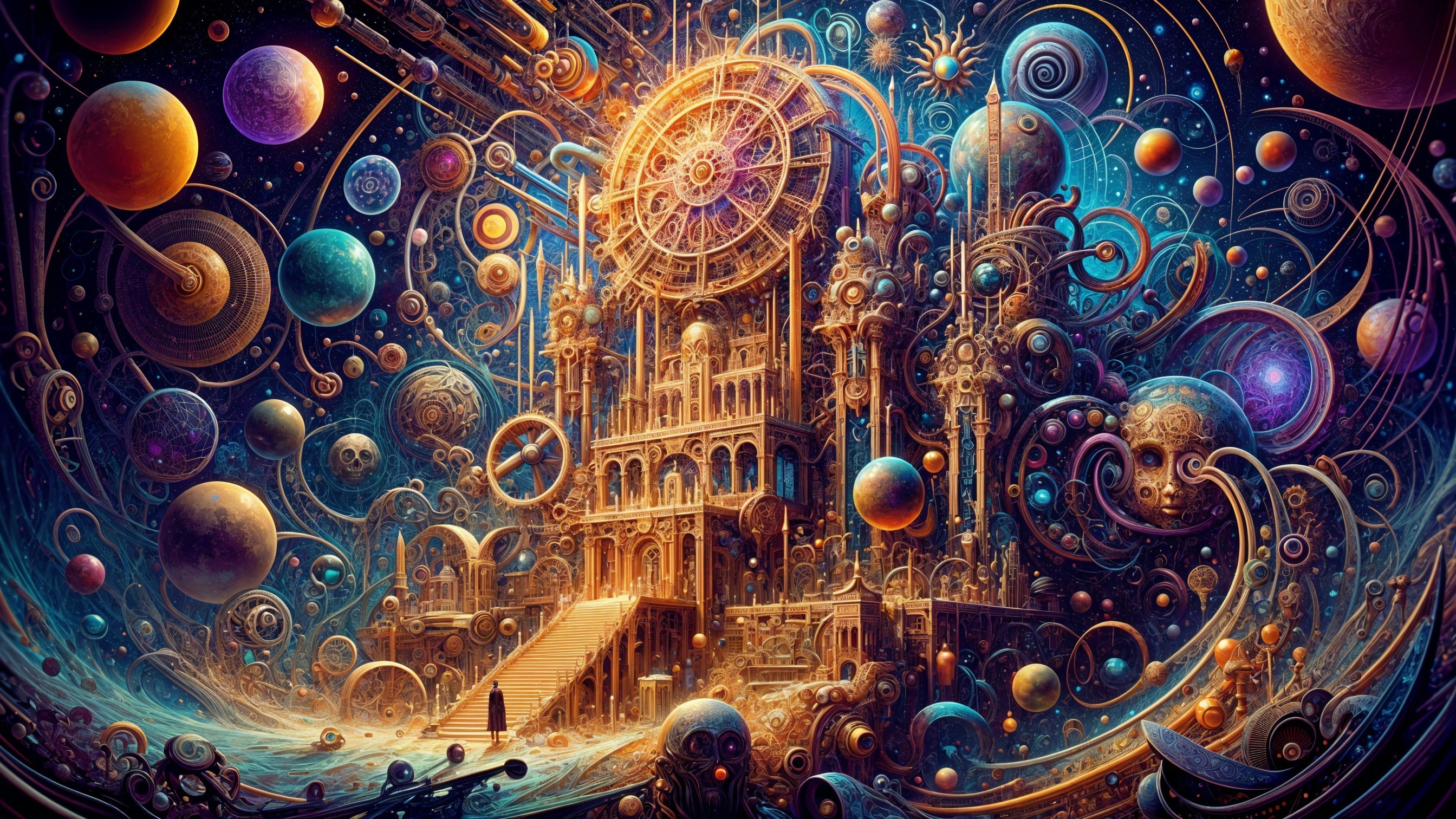 Cosmic Palace with Colorful Planets and Galaxies