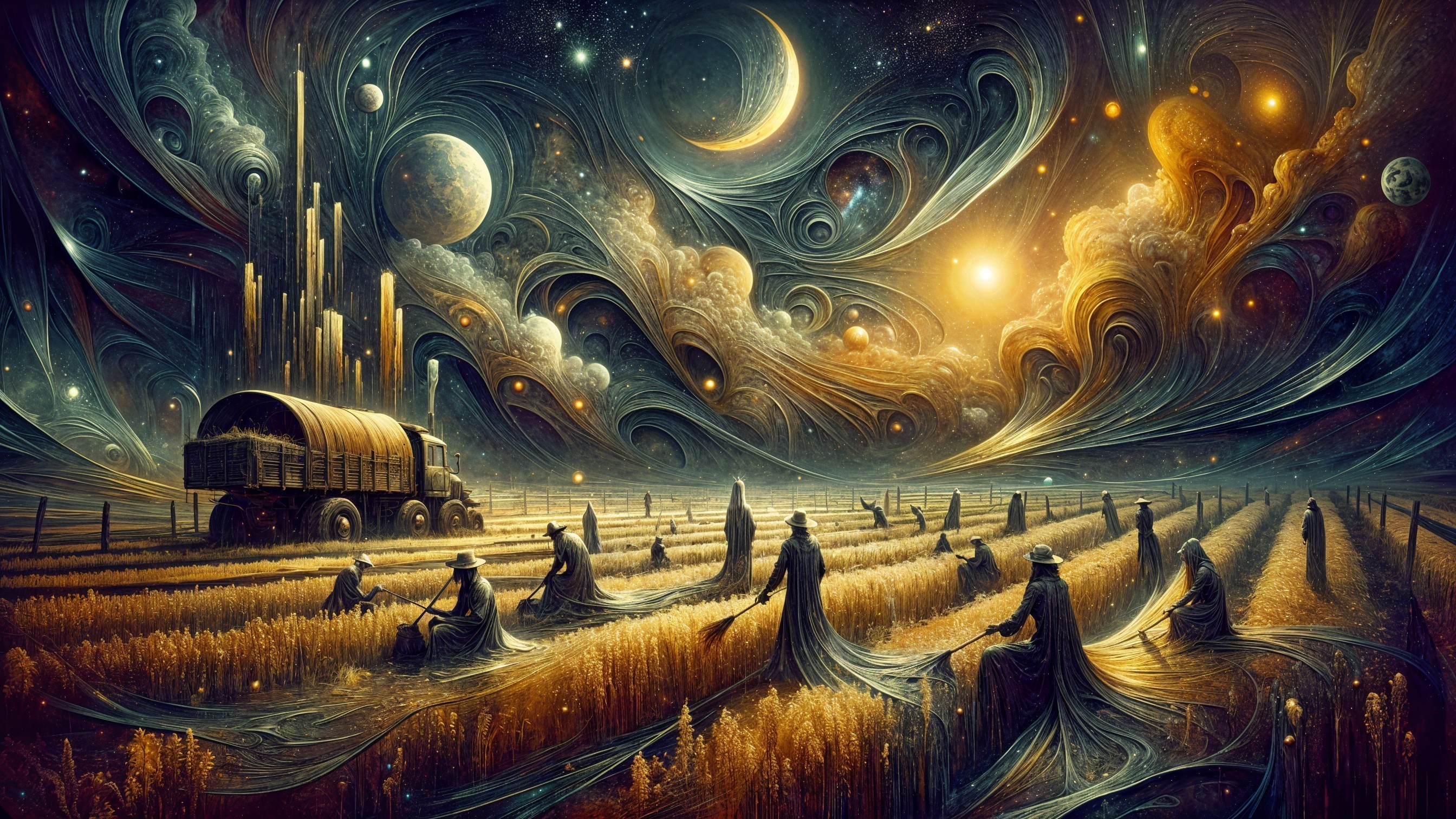 Surreal Cosmic Landscape with Ethereal Figures Harvesting