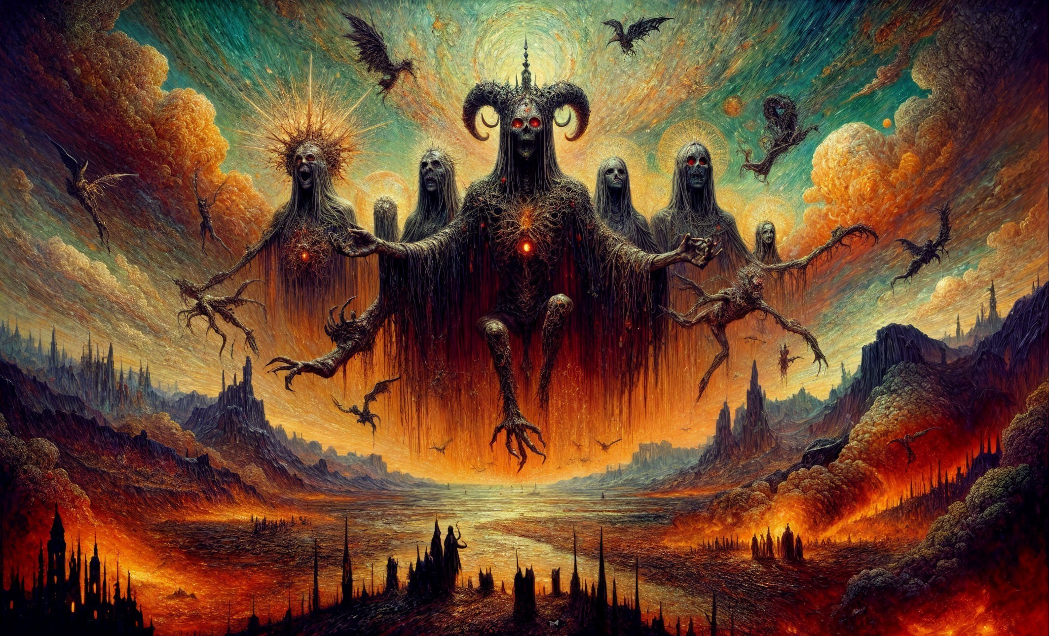 Surreal Landscape with Mythical Figures and Creatures