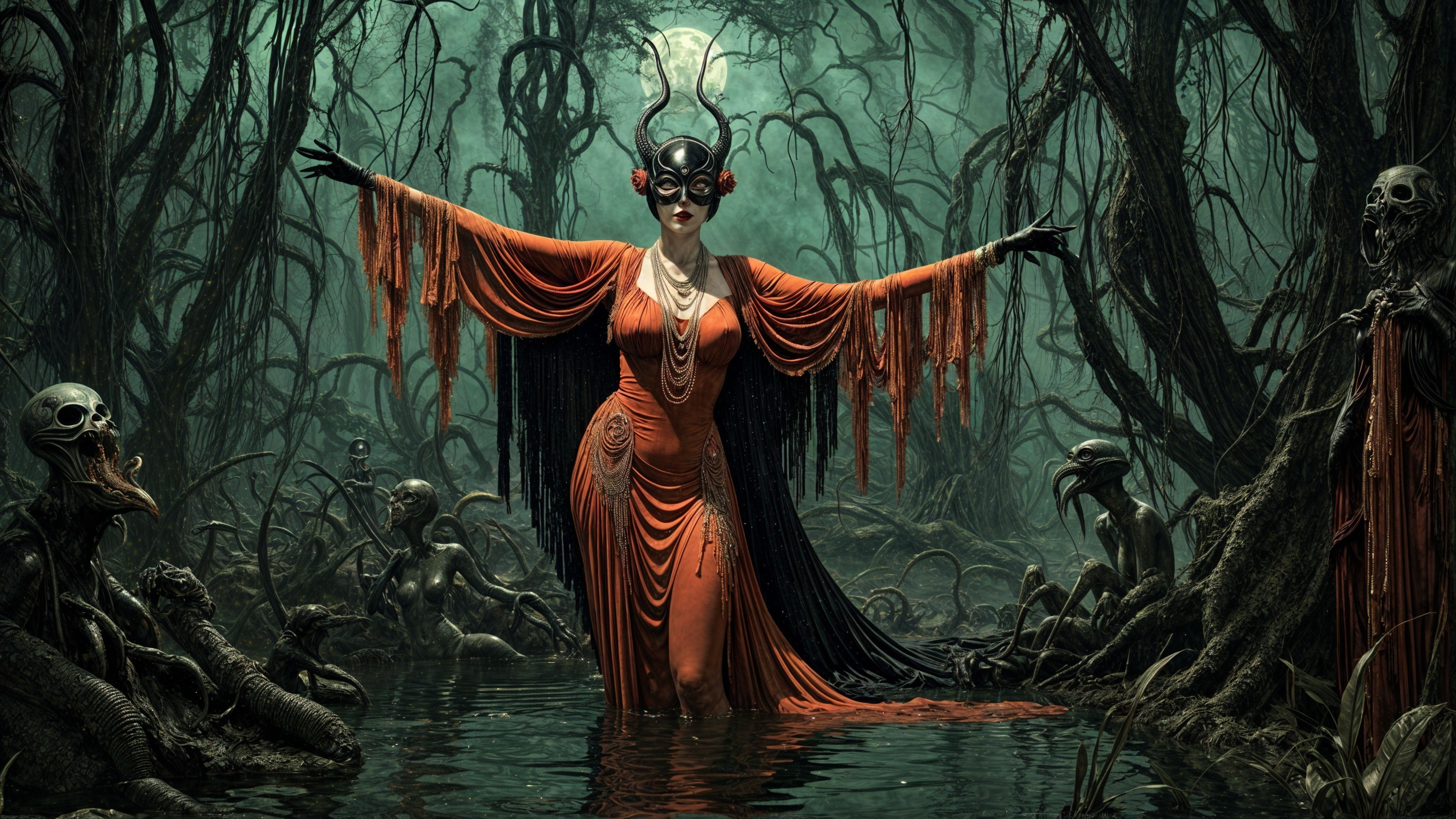 Enchanted forest figure in red gown and headdress