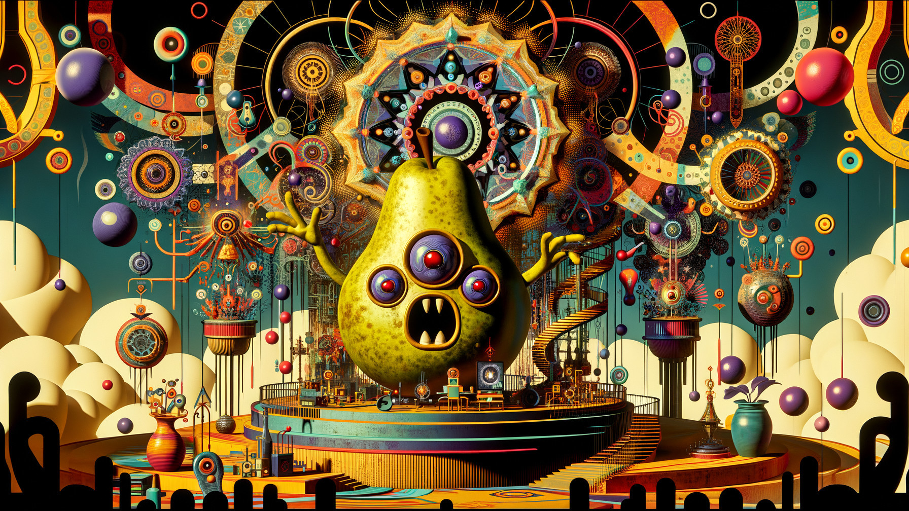 Surreal Scene with Pear-Shaped Creature and Mandalas