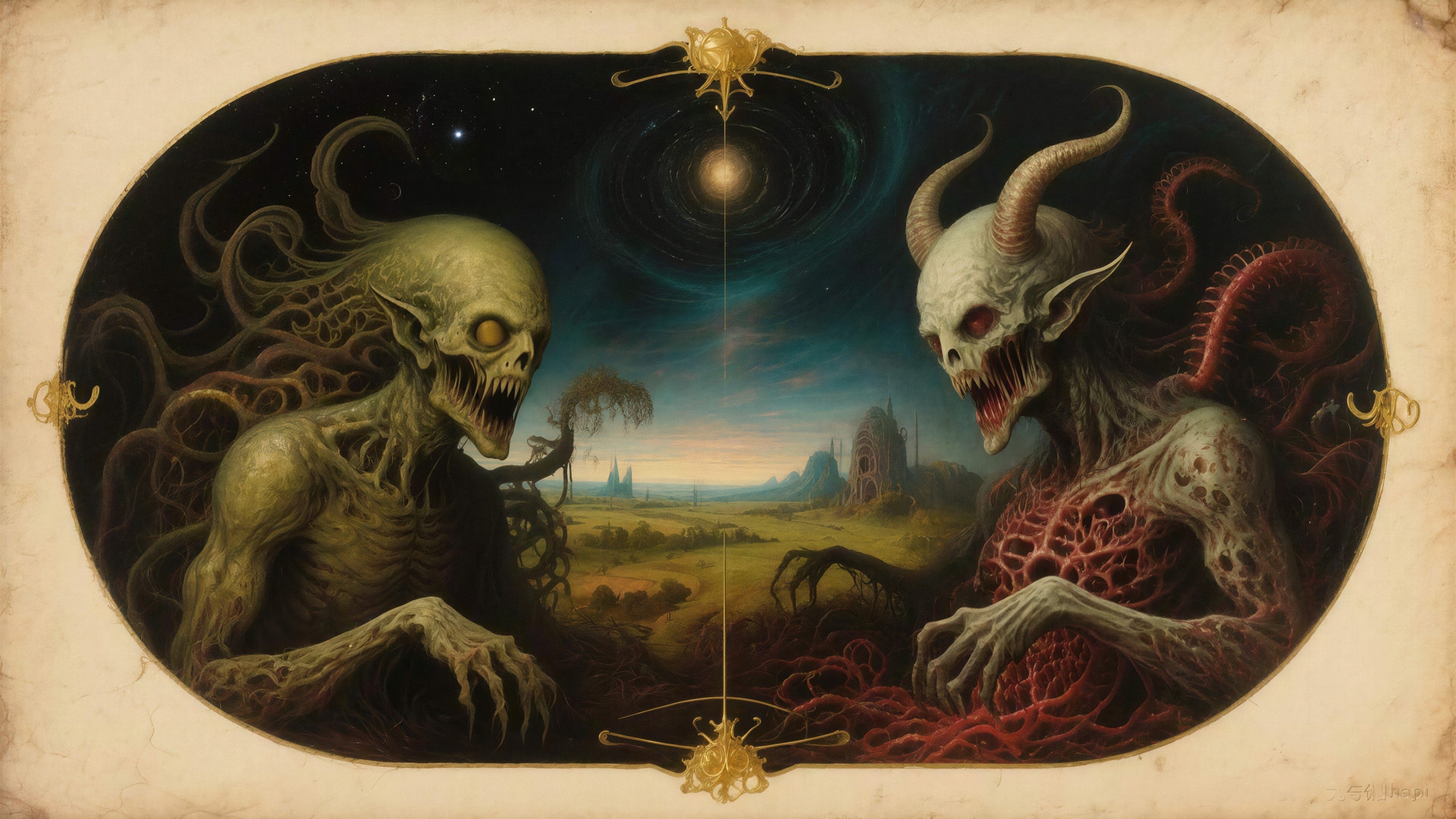 Diptych of Demonic Entities in Surreal Landscape