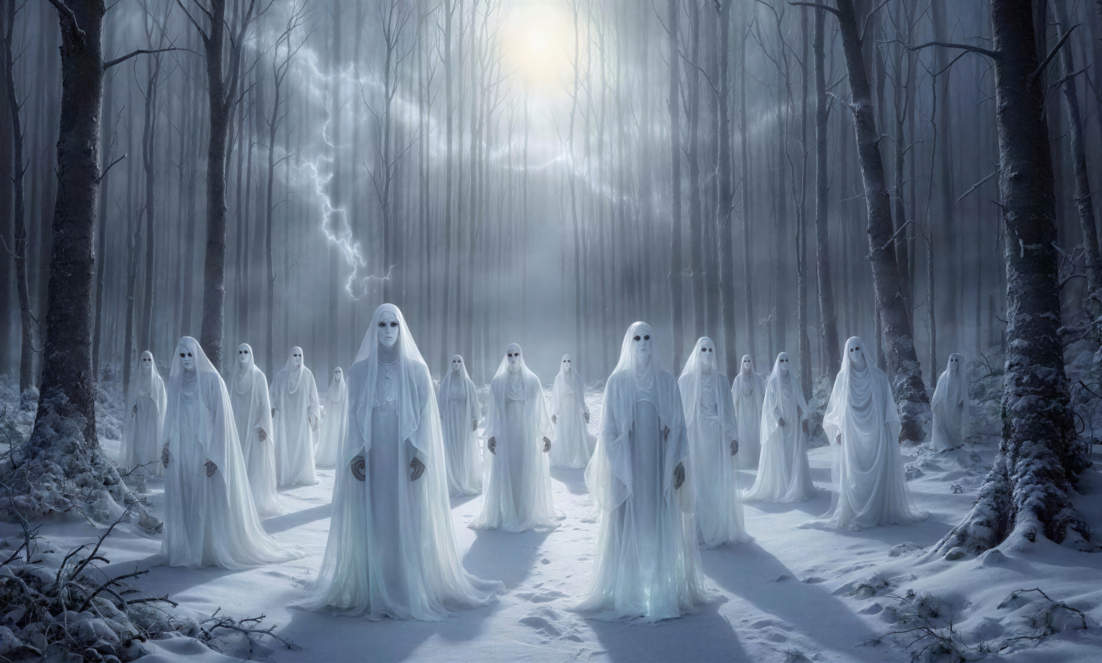 Ghostly Figures in a Snowy Forest Landscape