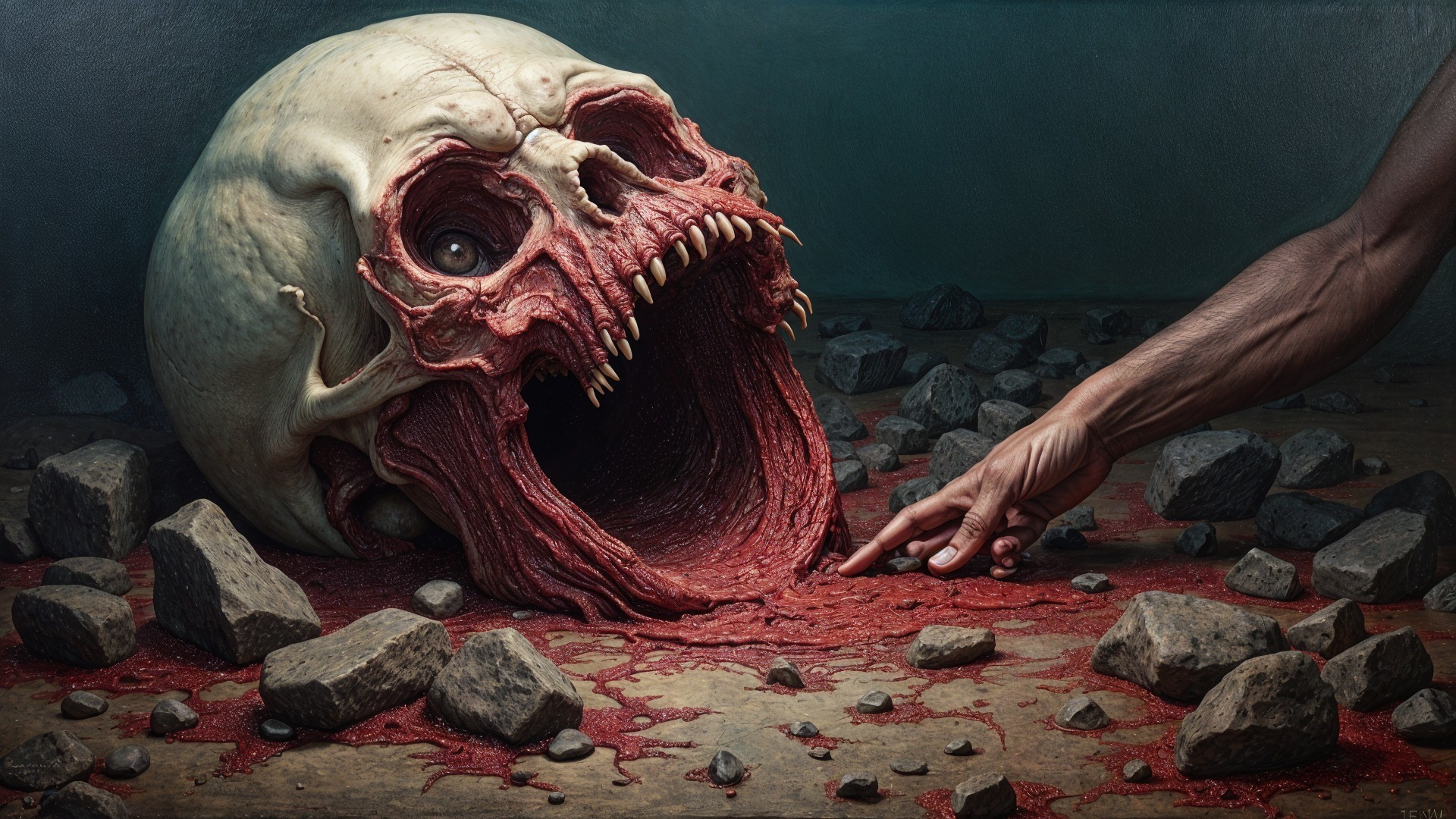 Oversized Skull with Gory Interior and Jagged Rocks