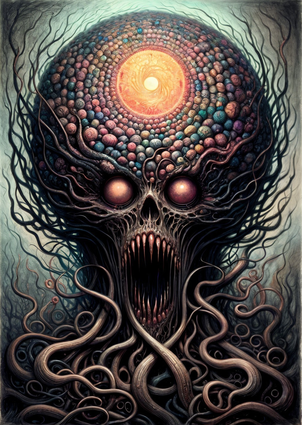 Surreal Figure with Skull and Glowing Eyes in Darkness