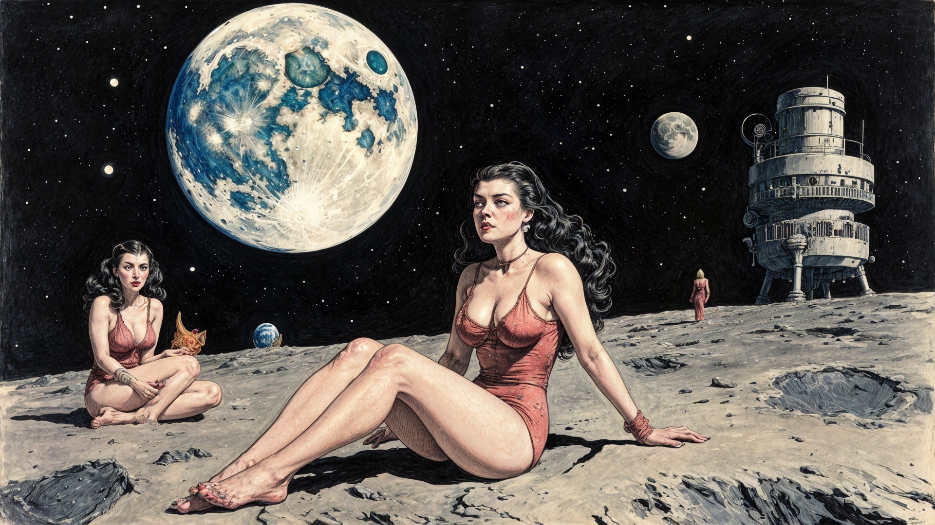 Surreal Lunar Landscape with Women and Spacecraft