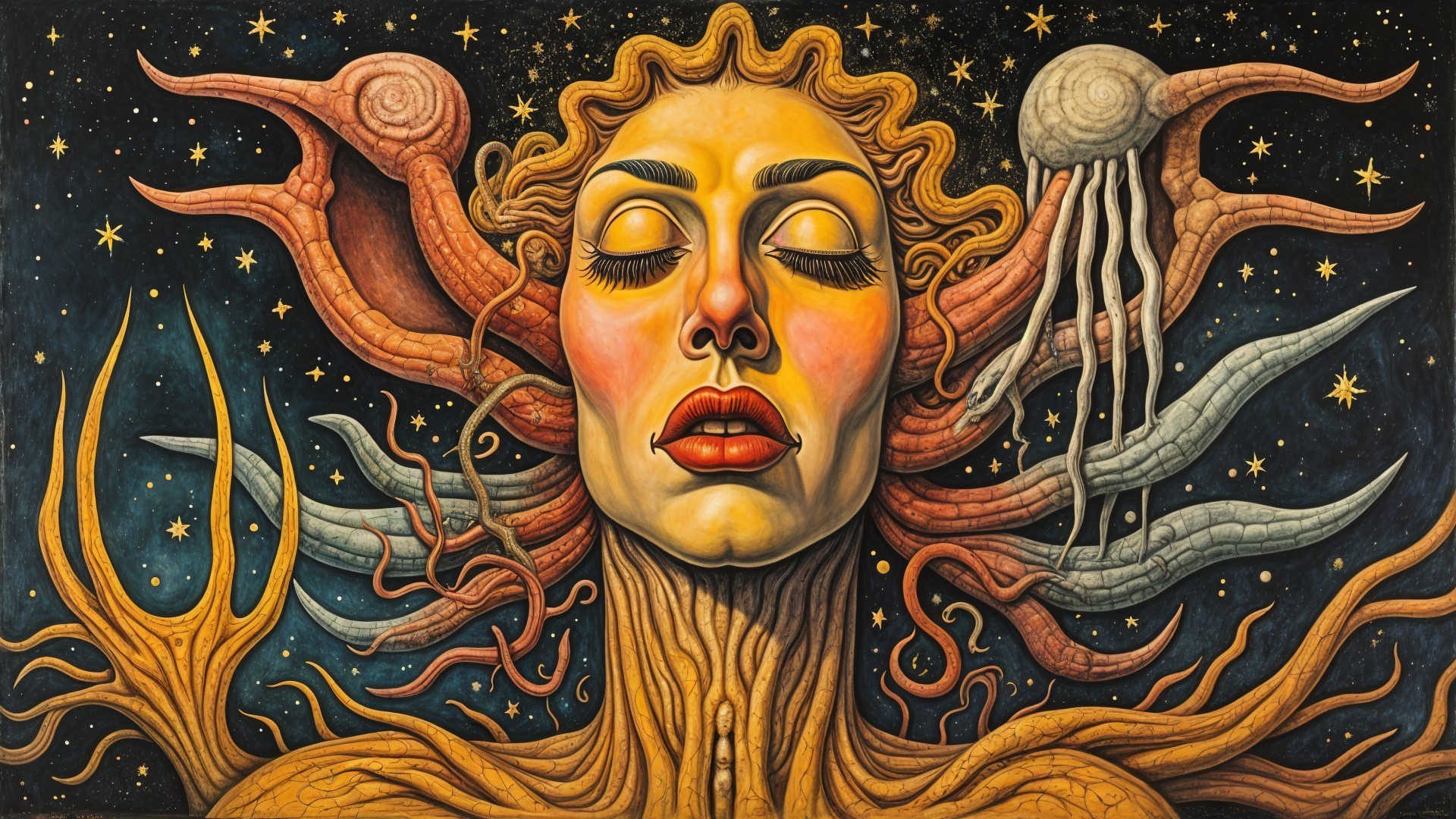 Surreal Artwork of Woman Surrounded by Nature Elements